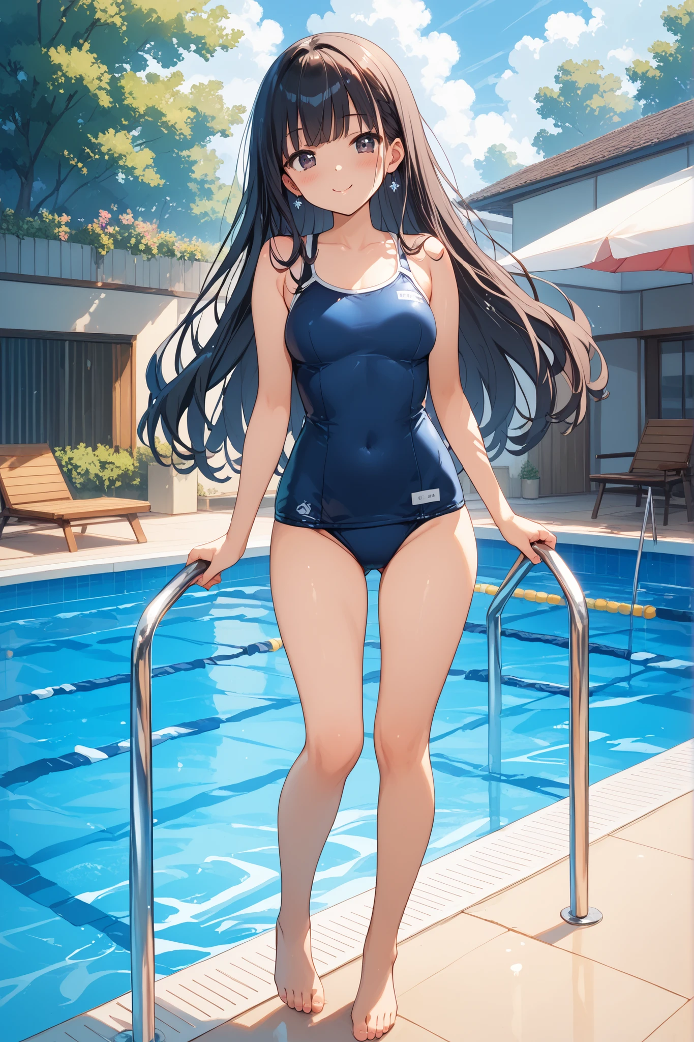 ((2D beautiful girl、top-quality:1.1、Perfect fingers:1.1、perfect anatomia:1.1、extremely delicate and beautiful))、cute petit girl、(transform sequence)、((white leotard))、10yaers old、Lori、Chiquita、Fractal Art、baby-face、((stright long hair))、Beautiful big drooping eyes、Show your teeth and give your best smile、(Full body depiction)、(1 persons)、(onepiece swimsuit)、Poolside with blue sky、Horizontal angle