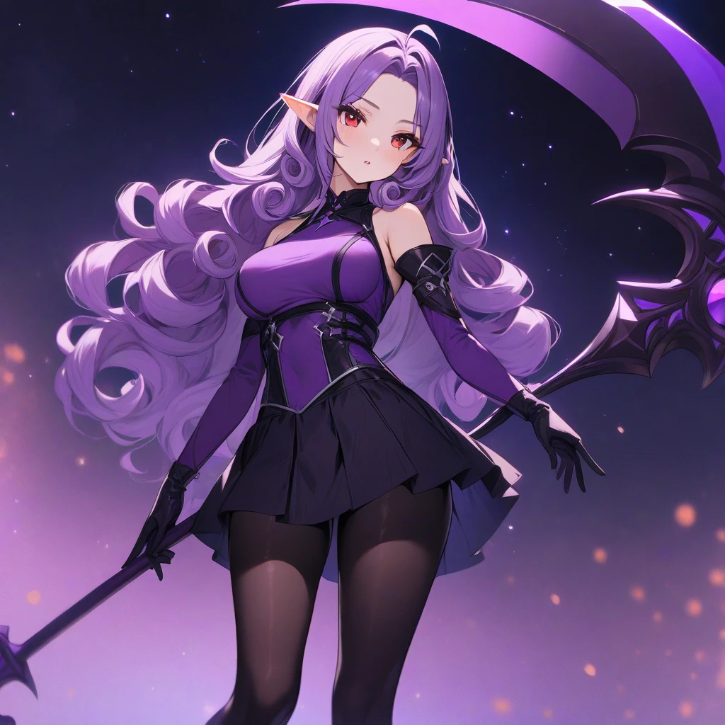 A pink haired reaper with violet eyes and an hourglass figure in a black flowing gown is smiling while spinning her scythe in the creepy forest