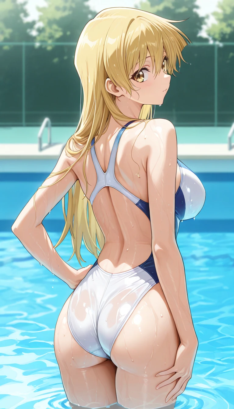 Kanna from Blue Archive, Sharp teeth, long hair, Blue and white stripe pattern swimsuit , 1girl, Behind view, Masterpiece, Best Quality, HDR, Blue archive artstyle, Detailed face, Pool atmosphere, Sexual pose