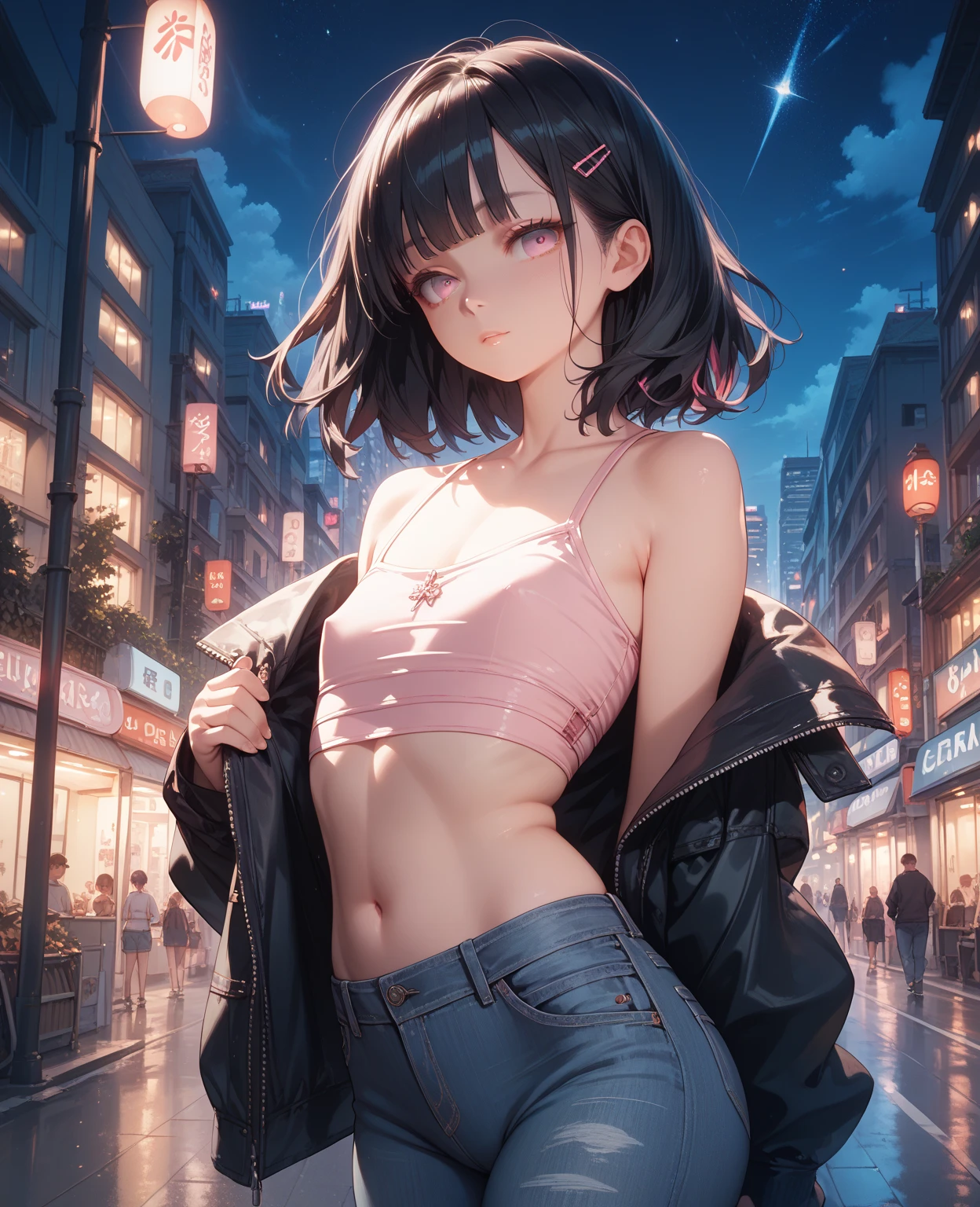 anime girl, 16 years, standing and crouching towards the viewer, big breasts, grin, open skirt, top neckline, cyberpunk futuristic world