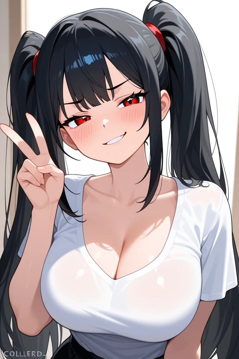 1girl,heart-shaped pupils,fingernails,hands vagina, black hair,blue eyelush:1.1),upper body,trembling,sweat,sweatdrop,heart,(speed lines:1.1),medium breasts, ((heavy breathing:1.3)), love, heart, red crop top, happy, smile, looking at viewer, wearing red dress