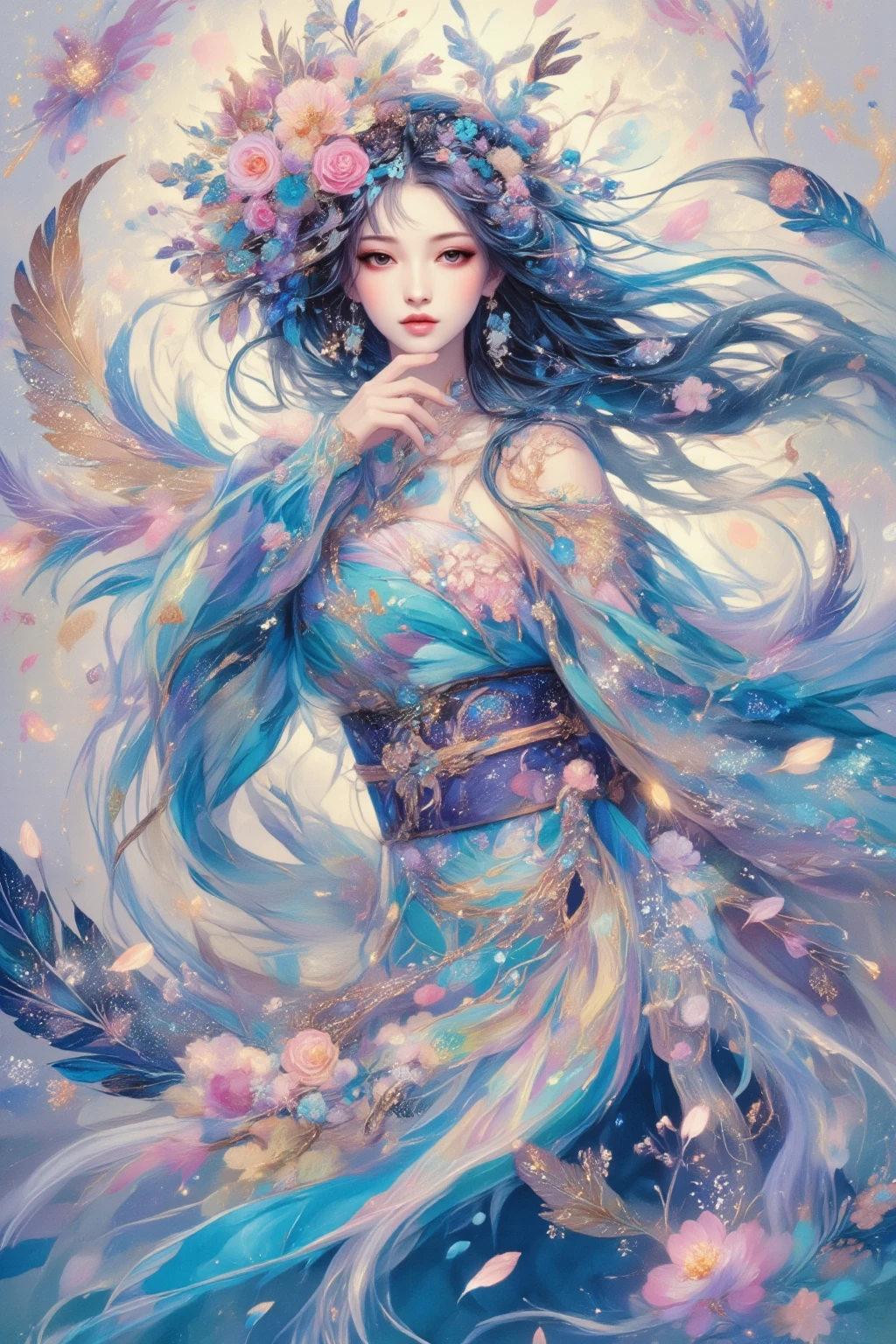 sparkles similar to stars and fairy dust {x} Graceful floral elements interspersed with details、A woman wearing a beautiful and delicate kimono、Her hair flows like soft waves and blends seamlessly。Extremely Beautiful Digital Art、artistic illustration、An enchanting dreamy composition、Ethereal atmosphere、based on soft pastel blue、pink and purple color scheme、Soft brushstrokes and a harmonious color palette。adds airiness and lightness to the composition。Sparkling feathers and flowers intertwine in a whimsical way、It creates a fantastic sense of femininity while drifting around her。Sparkling light accents reminiscent of twinkling stars and dew、watercolor background 、The overall effect is fantastic and evokes a sense of otherworldly serenity and wonder. Highest Quality、masterpiece、8k、super definition
