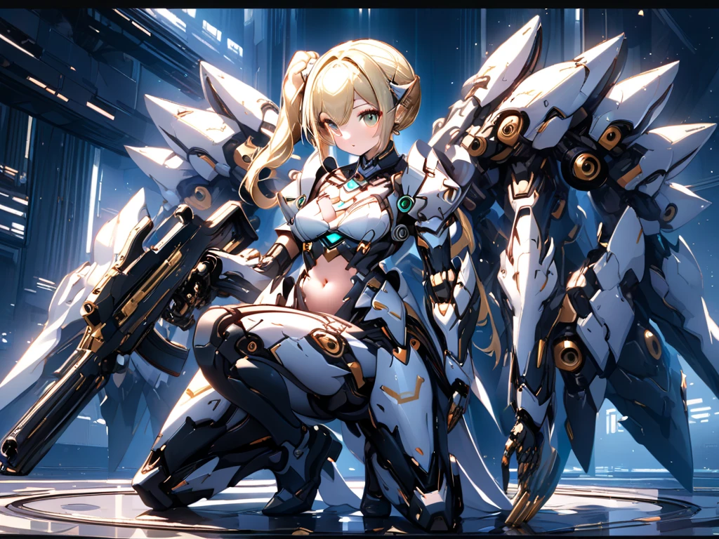 OC:1woman, (Mature), _Blue eyes_, _Blonde hair, _Short with a braid, _Messy hair, Attractive/beautiful/eye-catching/unique, _Mecha exoskeleton armor:_Black color with Cyan details, Golden decoration, Black boots with black fuse armor, _Black armored breastplate, _UNIQUE appearance, originality, Perfect details, Line Professional draftsman, Art, Unique, Thick thighs, Defined abdomen, Muscular, Perfect, (Crown_pointed_black_diamonds), Beautiful, Lady, Metallic black dress, blue cross decoration on her chest, Futuristic Holy Divine, Standing, profile picture, Battle pose, Futuristic Mecha Sword, Swordsman , Gray Background, looking at camera, Red cape, White fur, Futuristic, Paladin of the future.
Angry, battle pose, serious, long eyelashes, Red cape, White fur, Black armor with blue and gold details, Exposed thighs, Attractive, Powerful, Futuristic maiden, Perfect legs, ABSOLUTE FOCUS ON HER, ambient blur, perfect torso, zoom, sideways, (Blue Energy Sword)