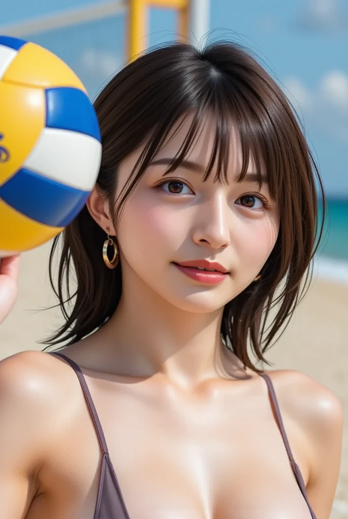 closeup shot , Best picture quality (8K, high resolution, Masterpiece: 1.2), super detailed, 215 Short Hair, 16-year-old woman,
Female beach volleyball players
, random cute pose ,big eyes ,Puffy eyes , Heart Pupil, blush , huge shy smile , salute