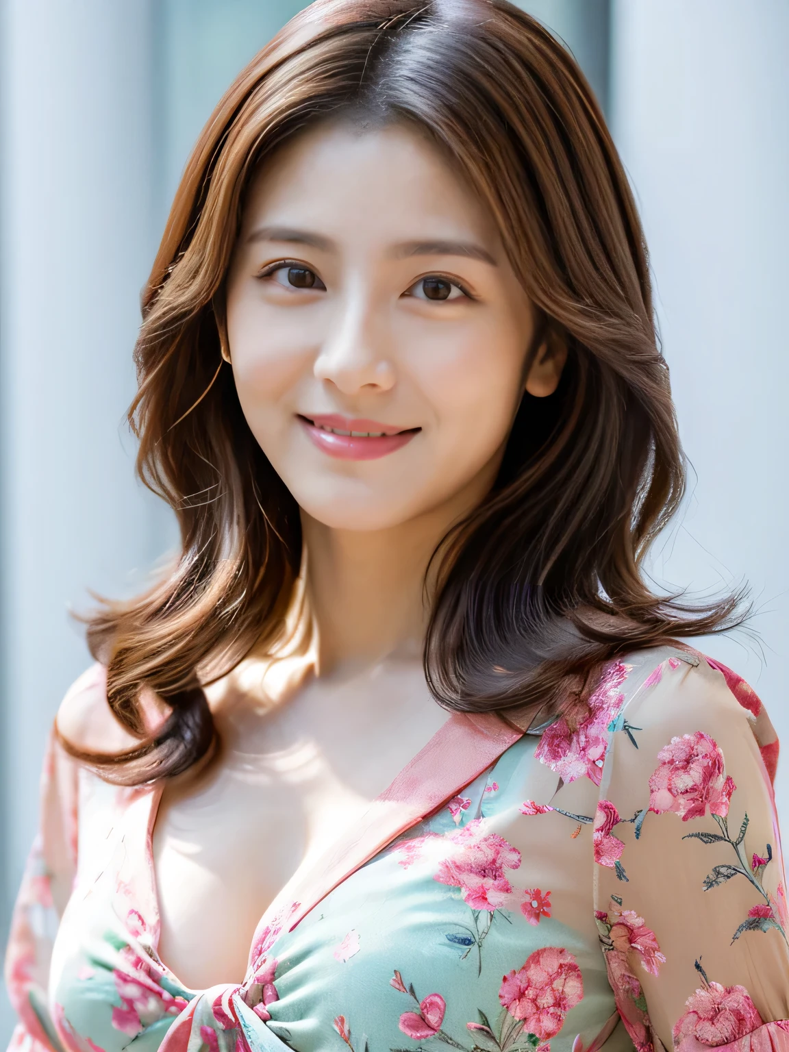 born, Highest quality, High resolution, (masterpiece: 1.3), Body Shot, Cute Japanese women, masterpiece, Curved body, Big Breasts, Cute face, Light Skin, Fair skin, Cute eyes, Elegant smile, Light makeup, stand in front of a flower shop, Feminine gestures, Elegant expression, Viewers facing towards each other, Focus on your audience, , Pretty dress, Wearing a lilac cardigan, Sheer cardigan, CuteBeautiful pastel colors, Beautiful pastel colors, at noon, Great lighting, Great sunlight, Bright colors, Ultra-realistic clean lines, Very realistic、Japanese、40 years old、A sparkling smile、E cup breasts、Hide your fingers、Emphasize the chest、Cleavage、Disheveled clothing、lingerie