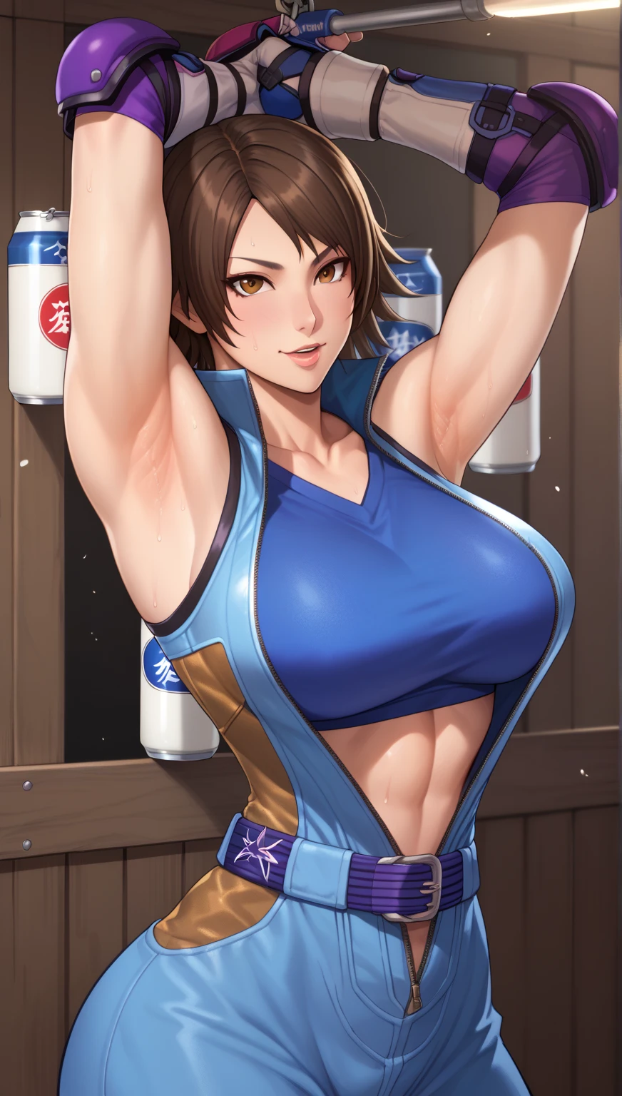 (best quality:1.3), (4k quality), Nobara Kugisaki by jujutsu no kaisen, ((Detailed face)),((smile)), ((curvy body)), (big breasts), sexy, ((cut hair )), ((thong bikini)), ((sky blue)), ((showing armpits))