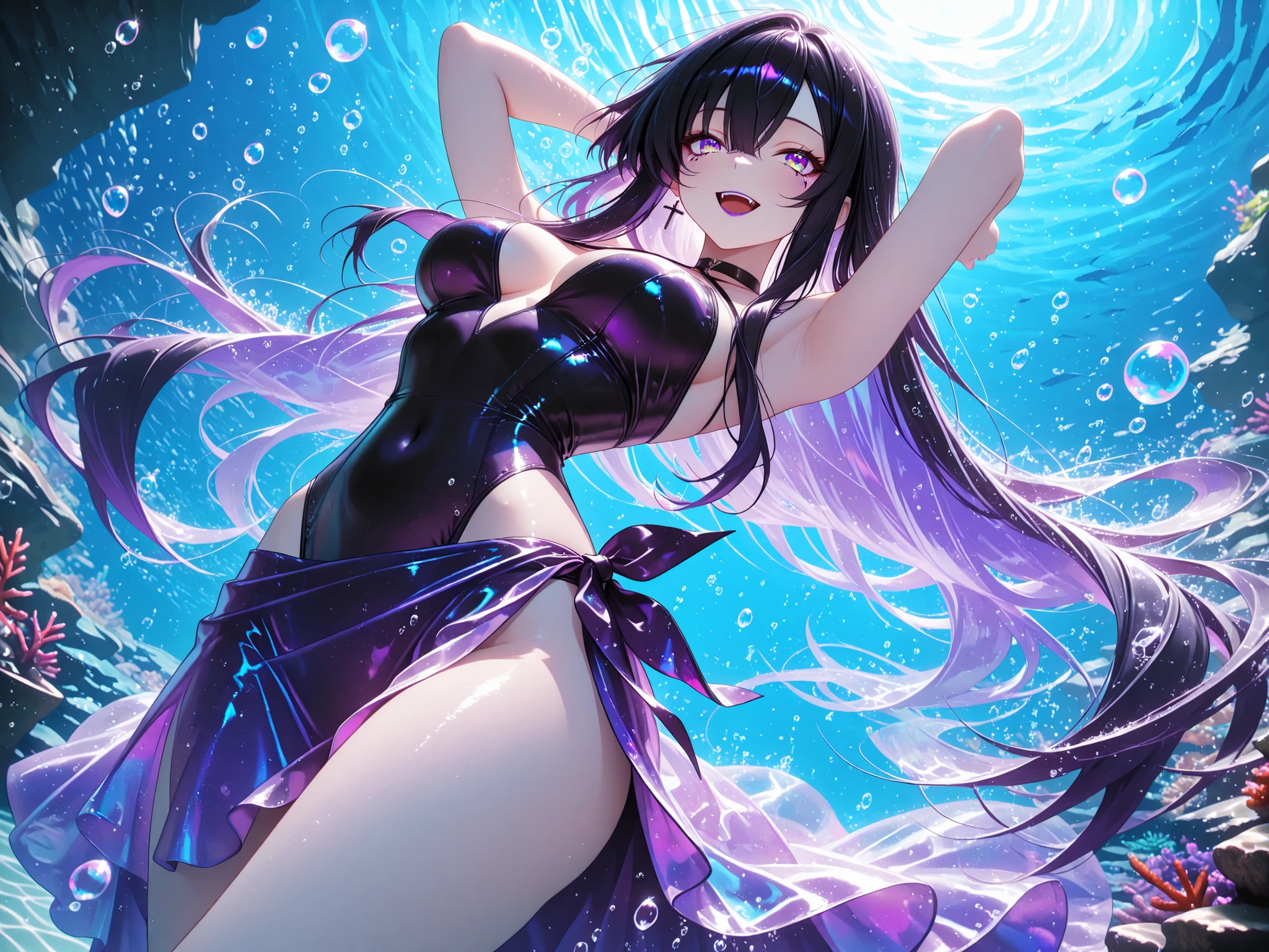 In the Style of Anime-Illustration, Portrait image, A Mermaid frolicking in a sunlit pool, Her straight - purple pink - lustrous hair, falling in waves as her gleaming scales shimmer beneath the warm summer sun, wet skin and deep - brown - eyes, looking at viewer, behind her is a secret tropical island as background, Anime Concept Art, art by Atey ghailan-Artem demura-Tom bagshaw, key-visuals by Studio Trigger and Sam Yang