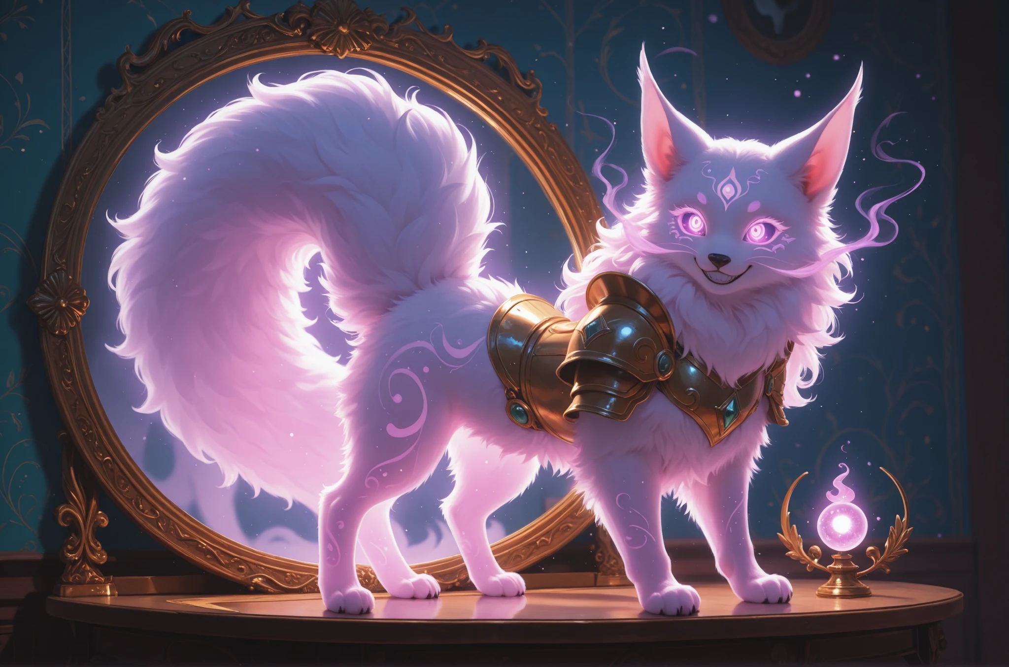The spirit is seated on the table. A beautiful darling with a sharp smile, has pointed ears and a long fluffy tail, the same spirit in the round shape, has beautiful mirror-like eyes and thin mustaches on her face, translucent creature,  floats in the air , sweet and cute , of the rays of God, armor, high quality, intricate details, clearly, 8K,  mystical light  , beautiful colors, rich colors, beautiful background,