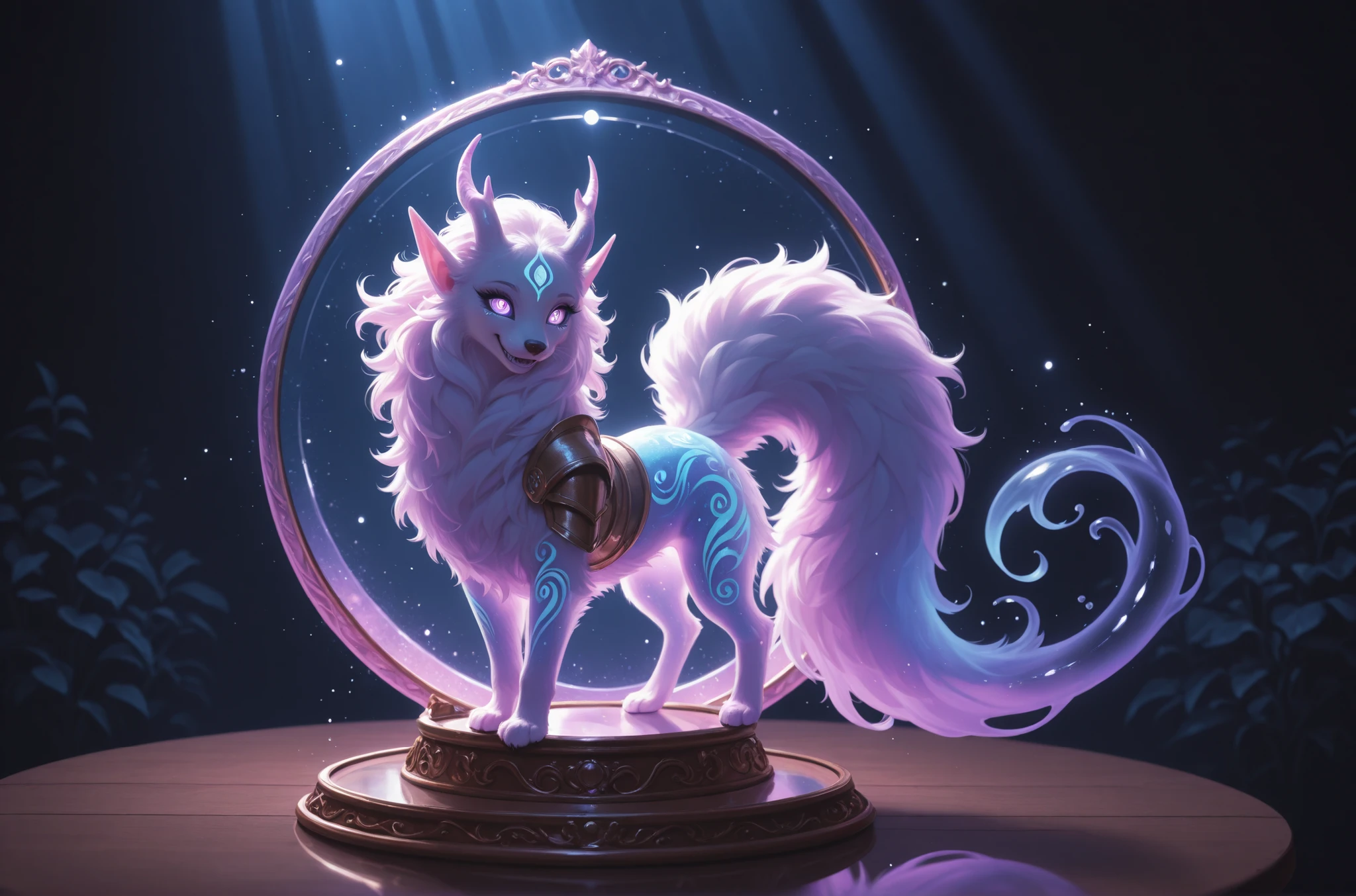 The spirit is seated on the table. A beautiful darling with a sharp smile, has pointed ears and a long fluffy tail, the same spirit in the round shape, has beautiful mirror-like eyes and thin mustaches on her face, translucent creature,  floats in the air , sweet and cute , of the rays of God, armor, high quality, intricate details, clearly, 8K,  mystical light  , beautiful colors, rich colors, beautiful background,