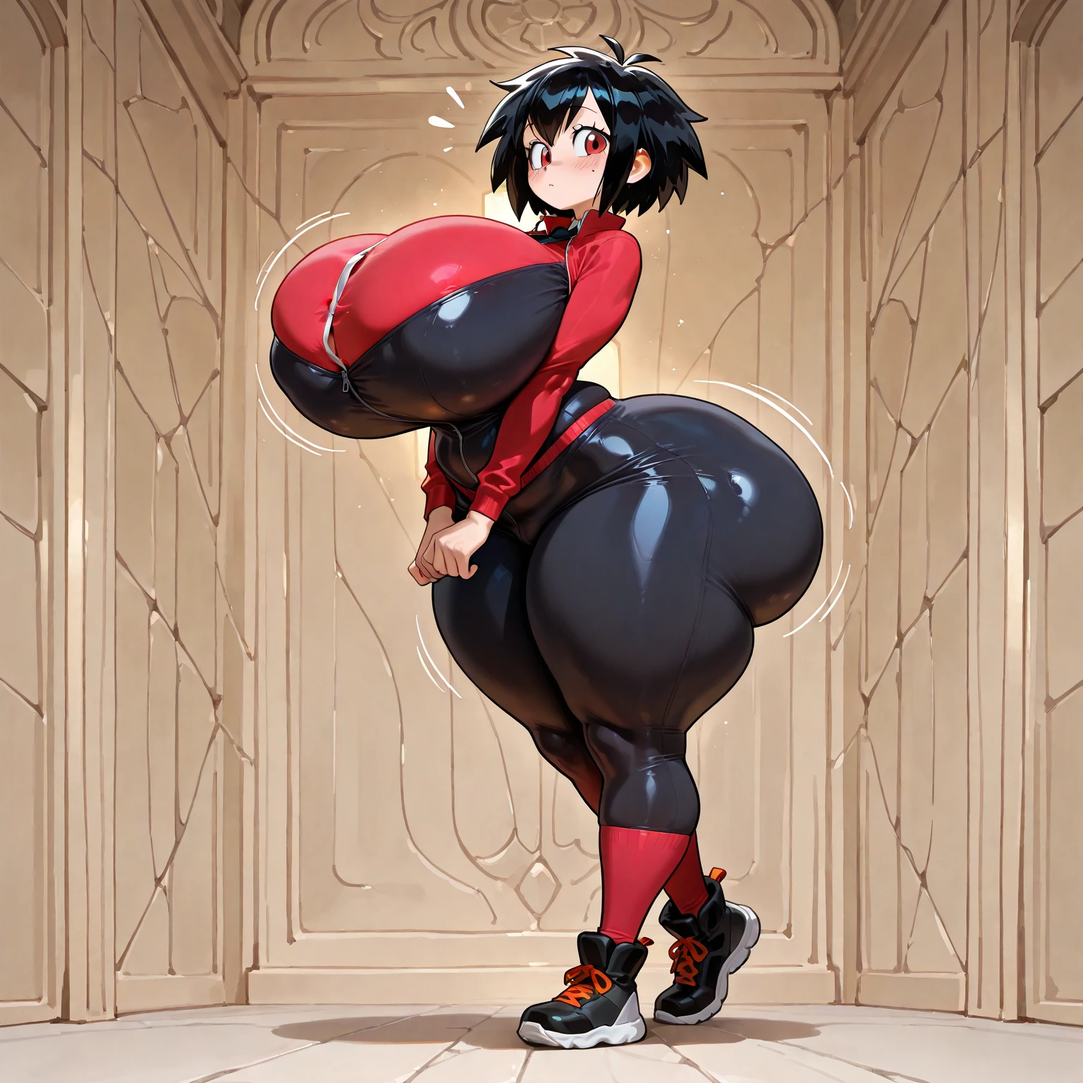1girl, solo, megumin, short, indoors, cat ears, masterpiece, best quality, highly detailed, very wide hips, large thighs, very thick round thighs, big butt, huge round breasts, milf, tight clothes, mommy, casual clothes, tight shirt, lustful stare, horny, hugging a plushie,