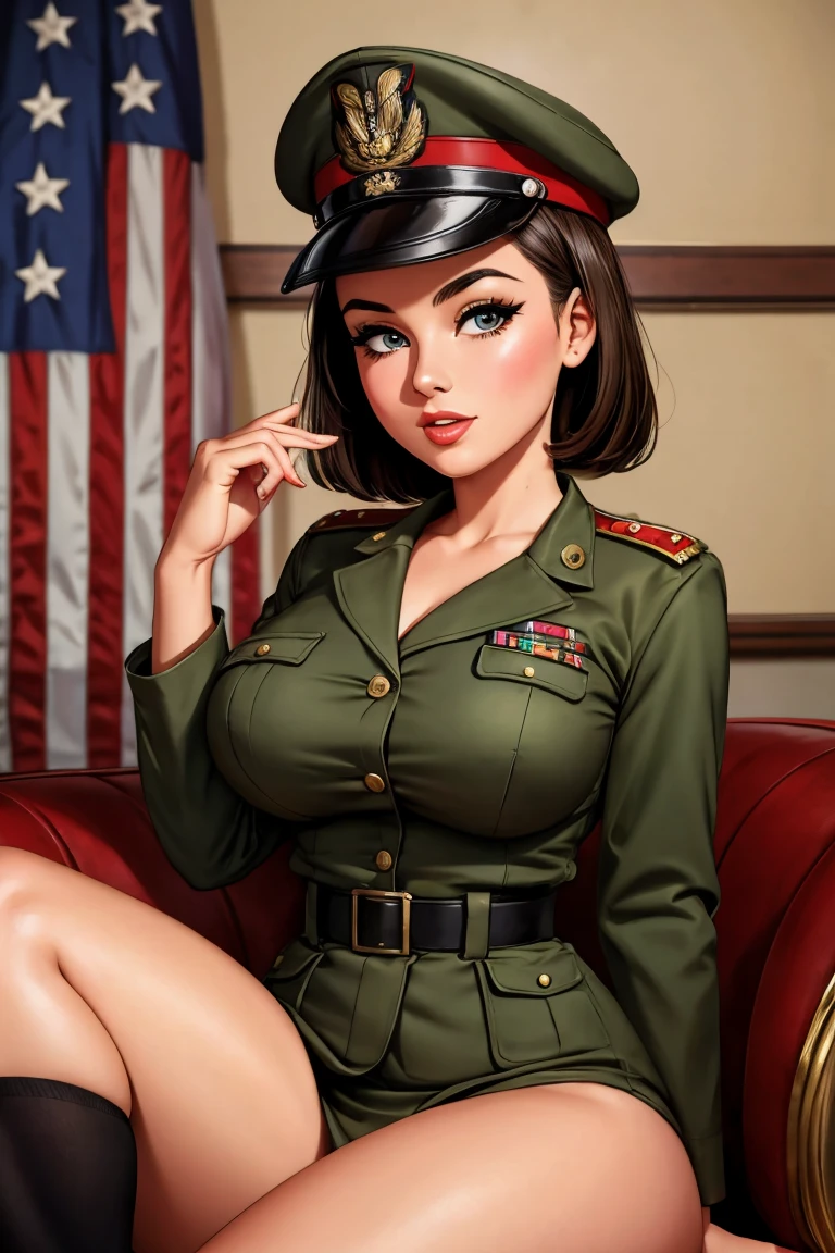 Pinup in short clothes, sticking her ass up and smiling mischievously, surrounded by soldiers na 2a. World War not Mort Künstler style. oil painting.