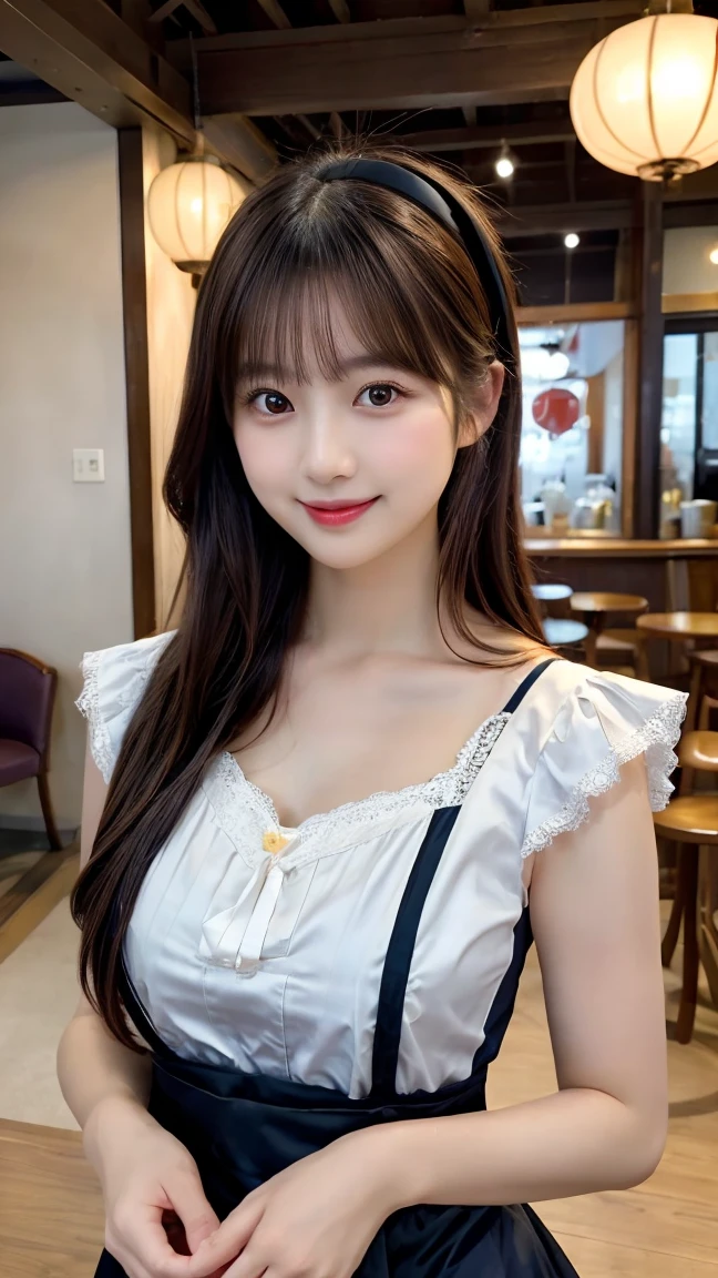 whole body, highest quality, shape, Very detailed, In detail, High resolution, 8k wallpaper, Perfect dynamic composition, Beautiful details, Maid clothes,Medium Hair, Center of chest, Natural color lip, Random sexy poses,smile,maid Cafe