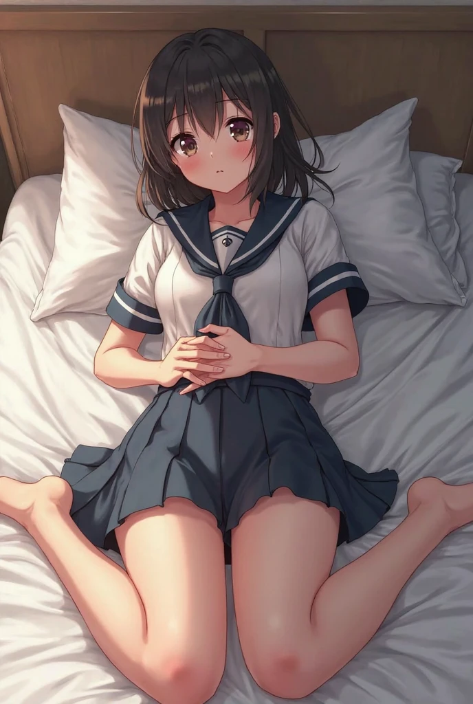 (masterpiece: 1.3、Highest quality、Ultra-high resolution、Very detailed)、(Real、Photorealistic: 1.4)、Beautiful illustrations、Perfect lighting、Natural light、Depth of the Boundary、Beautifully detailed hair、Beautifully detailed face、Beautiful details、Beautiful body、Firm chest、Beautiful thighs、Beautiful legs、Beautiful Hands、Show to the viewer、((((One Girl))))、Very cute girl、(Perfect Anatomy、Anatomically correct)、Cute and symmetrical face、Baby Face、Perfect Face、Perfect Eyes、Shiny skin、((On the bed))、(((Go to bed)))、((Sailor suit))、(((女子school uniform)))、((25-year-old woman))、((Short black hair、Thin bangs))、((非常にLarge Breasts))、(((Large Breasts)))、Real、(live-action、Exquisite details))、(((school uniform)))、((Big black eyes))、((Wearing pantyhose))、((Cool Beauty))、Cowboy Shot