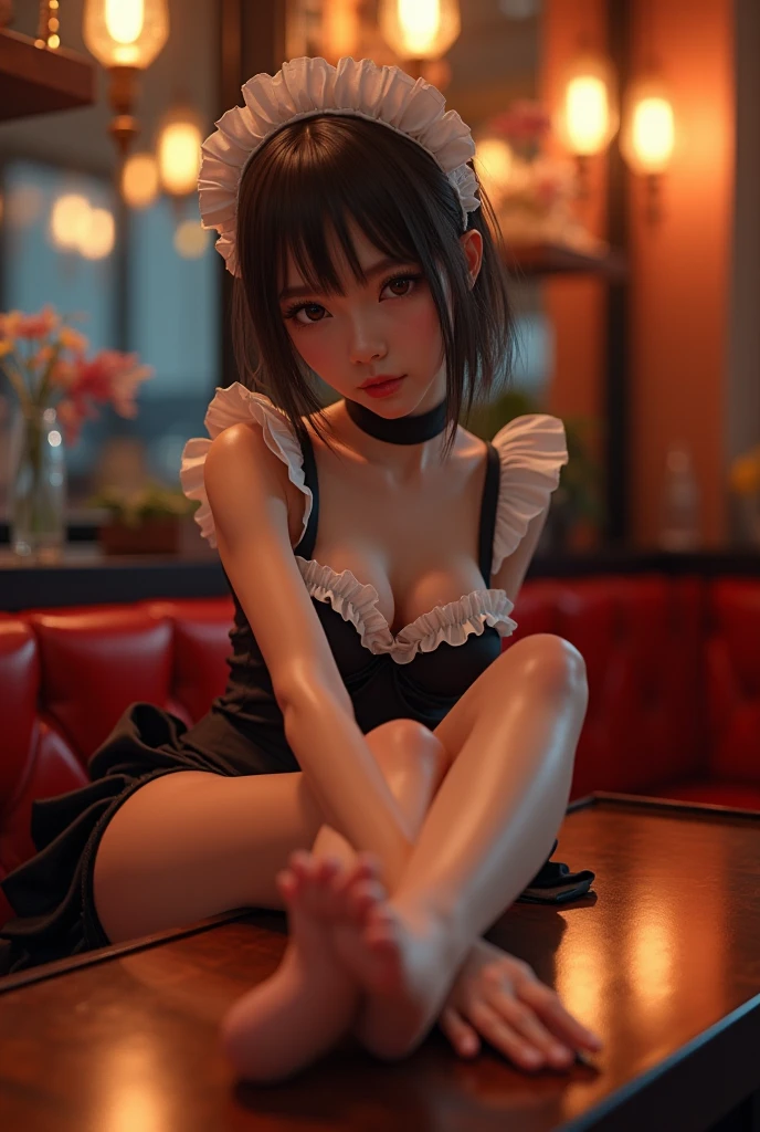 ((1girl,cute,japanese,young,short beautiful black hair,bob cut,blunt bangs,beautiful blue eyes)),(solo),((masterpiece, highest resolution,best quality)), (beautiful illustration),(playboy bunny),((topless, beautiful medium , pink nipples)),(Lying on the cafe table,knees up,legs wide open),wet gleaming skin,Vulgar,(nsfw),
low angle,from below,((masterpiece, highest resolution,best quality)), (beautiful illustration), (looking at the viewer),((face toward the viewer)),(Lying on the beautiful bed on all fours,legs wide open), ((sexy cute mini skirt and elegant beautiful white frilled panties)), innocent sexy smile,Embarrassed,orgasm,mouth open,showing teeth,cinematic lighting,modern elegant beautiful gorgeous hotel room,flowers,drinks,night