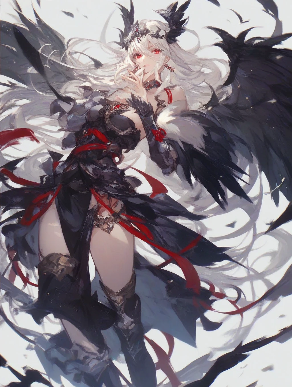  ((best quality)), ((masterpiece)), (detailed), 1girl, Character design, female, astrology, astrological symbolism, star reading, celestrial theme, heavens, heavens above, constellations, dynamic poses, long white grey hair, grey white eyes, very skinny, detailed, best quality, no accesoires around the neck, no shoes, prominent collarbones, skinny arms, flat stomach, visible hip bones, full body, blank white background, plain background, white background, red and white clothing, Bloodborne inspired, occult aesthetic, occult, detailed and intricate steampunk and detailed gothic, NSFW, Fluttering lace flared long knee length dress with frilly petticoats, knee length dress, pleated petticoats, petticoats gothic, complex lace boots, gothic aesthetic, wielding a mighty sword with mechanical components, mandalas, small breasts, a fairy, various different types of insect wings, beetle wings, NSFW, full body, whole body, body, chains, 