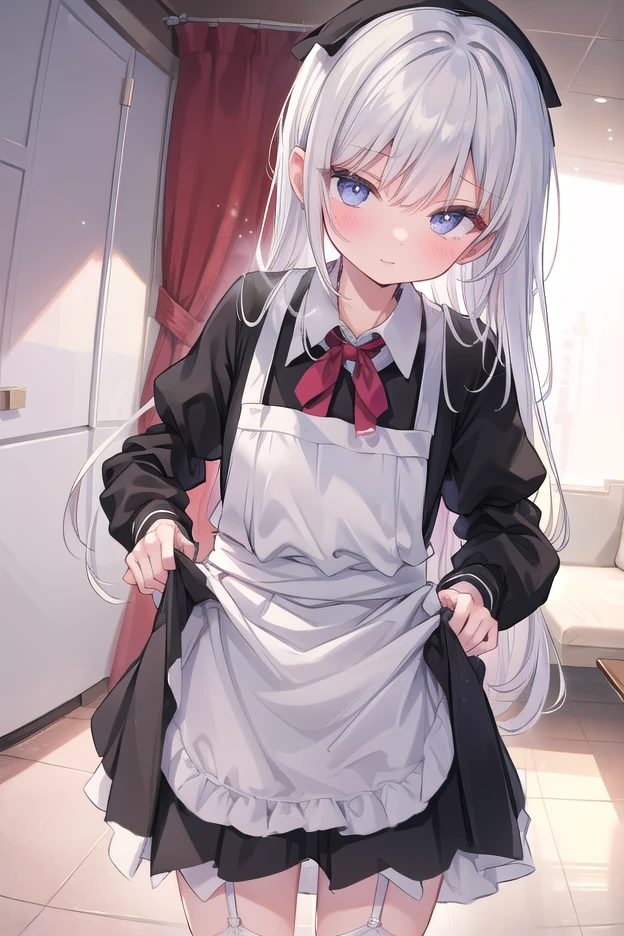 highest quality、masterpiece、((1 girl))、((smile))、(blush:1.4)、black shirt、blouse、((fun!!))、(small breasts)、(Cat ear:1.3)、(silver hair)、()、((white apron:1.5))、((maid))、((hair ornaments)),、Kamimei、look at me、 ((in house:1.5))、 Take a break to watch the audience、cowboy shot、(skirt lift:1.3),(highly detailed white panties:1.3)、(highly detailed panties:1.3)、、(スカート that rolls up:1.3)、(fully exposed panties:1.5)、light blue eyes、long hair