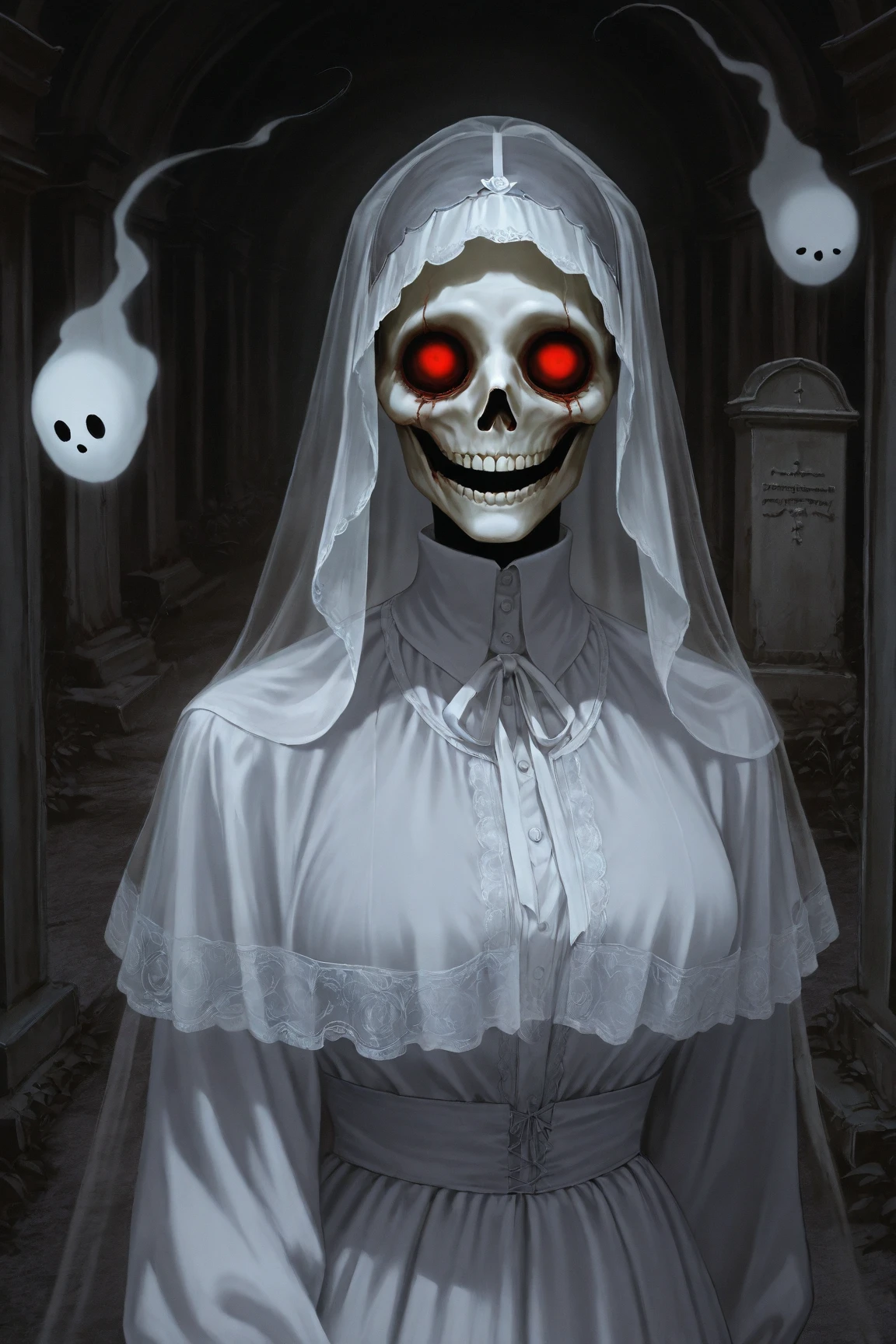 (medium full shot) of (eerie ghost) ethereal figure, transparent fading body, fading hands, ethereal, ghostly white skin, with a spectral veil, slightly hazy with an eerie glow, eerie, glowing amulet, holding a broken skull, set in a haunted church, with shadowy corners, ghostly hymns, a chilling ambiance, during a full moon, ,Masterpiece,best quality, photo, realistic, very aesthetic, detailed face,