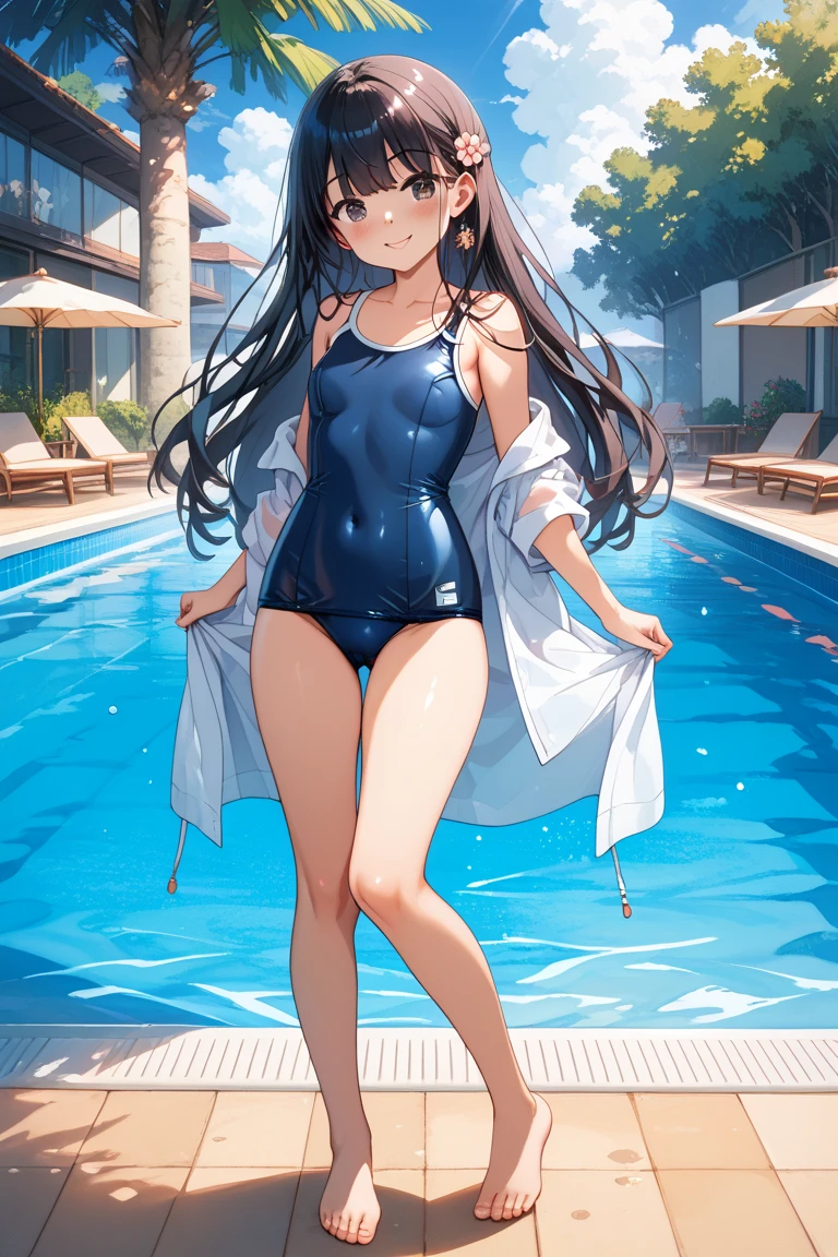 ((2D beautiful girl:1.5、top-quality:1.5、Perfect fingers:1.1、perfect anatomia:1.1、Dress perfectly、Beautiful illustration))、cute petit girl、(transform sequence)、((cute decorative headbands、Competitive swimsuit))、8years old、Lori、Solio、Fractal Art、baby-face、((stright long hair))、Beautiful big drooping eyes、(winc、The best smile)、(fullllbody)、((1 persons))、Blue sky and school poolside、