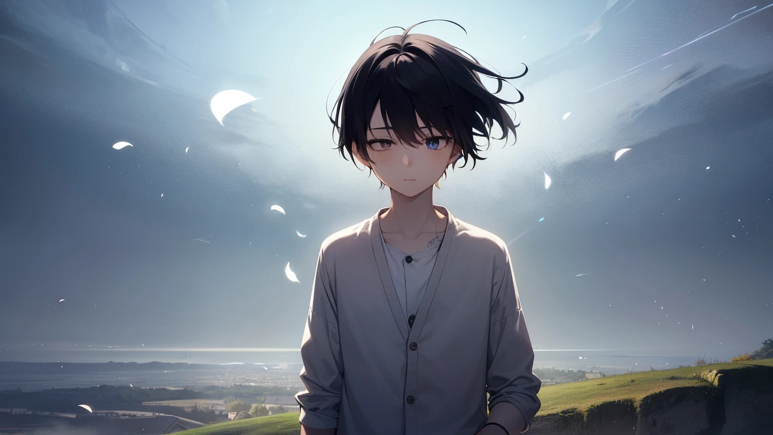 Boy in his late s、white shirt、Gray Cardigan、short black hair、Anime painting、
Outdoor landscape at night、a quiet place where pale light shines in、
The boy is seen hugging something with both arms、
what he hugged was a shadow like light、a pale light emitter in the shape of a person、
that shadow collapses when blown by the wind、depiction of a boy dancing in the sky as particles of light、
a boy standing quietly with his eyes down、eyes closed、hair and clothes fluttering in the wind、
Particles of light drift on the screen、Fantastic and sad atmosphere、
so that you can see、of constrictions around your neck