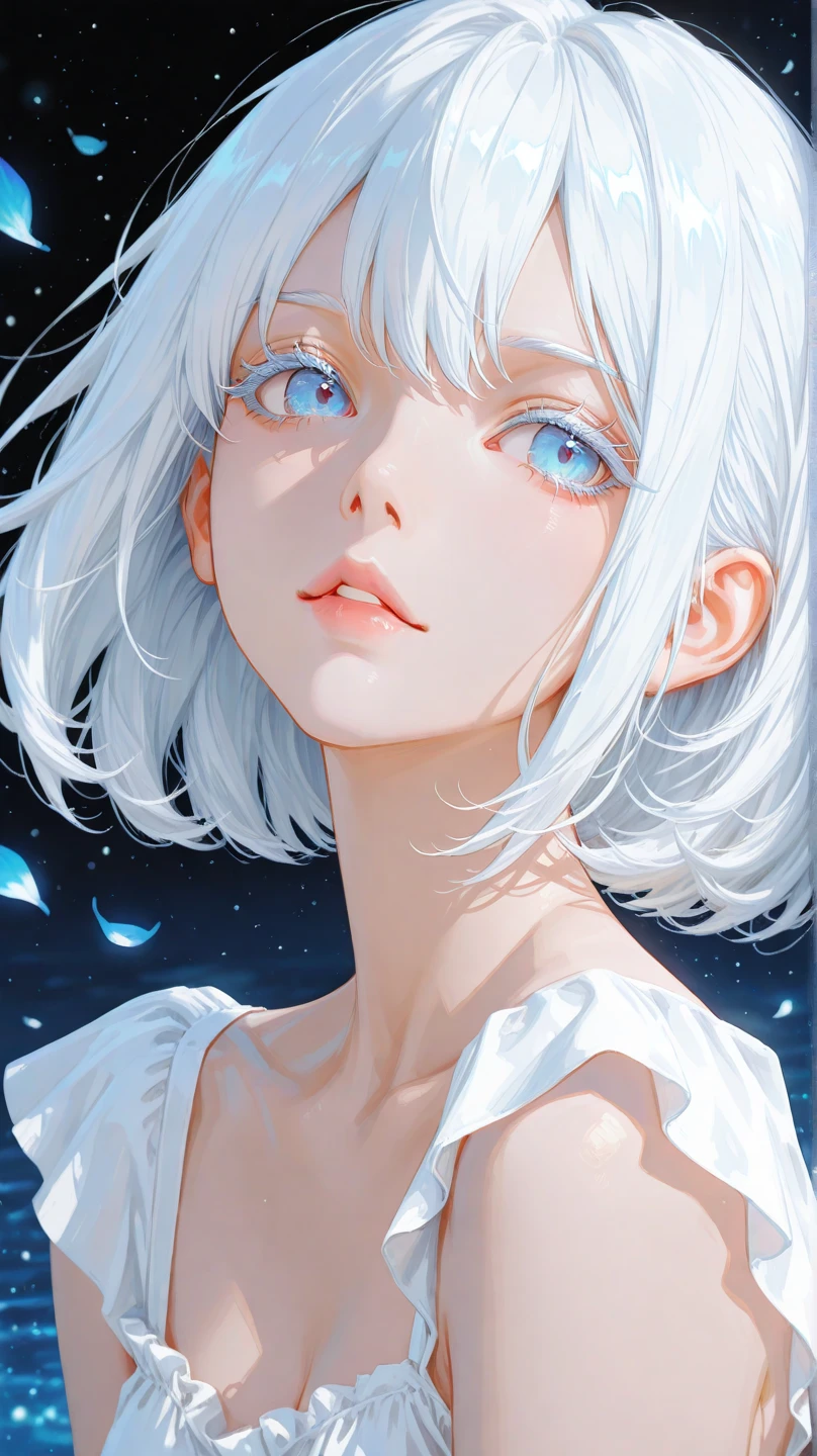Anime girl with white hair and blue eyes, colored eyelashes, white ...