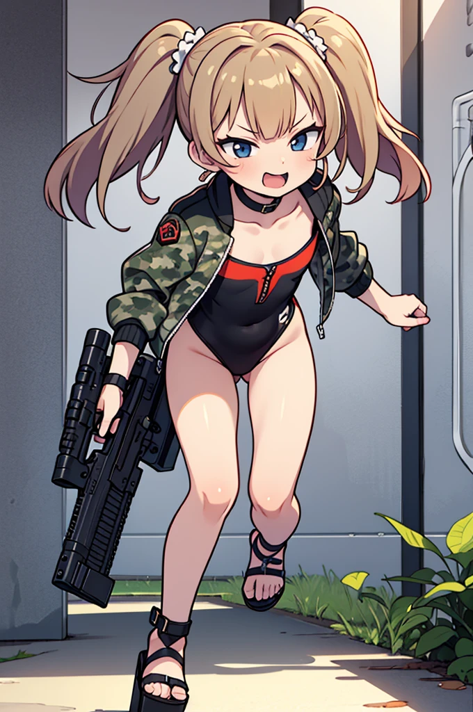 Ten_years_old girl, naked, nude , freckled skin, body freckles, fighting, angry, gun, fullbody, standing, platform heels, pigtails hair, smile showing teeth, open mouth, tongue out, hair clip, Cyberpunk, tight stockings,