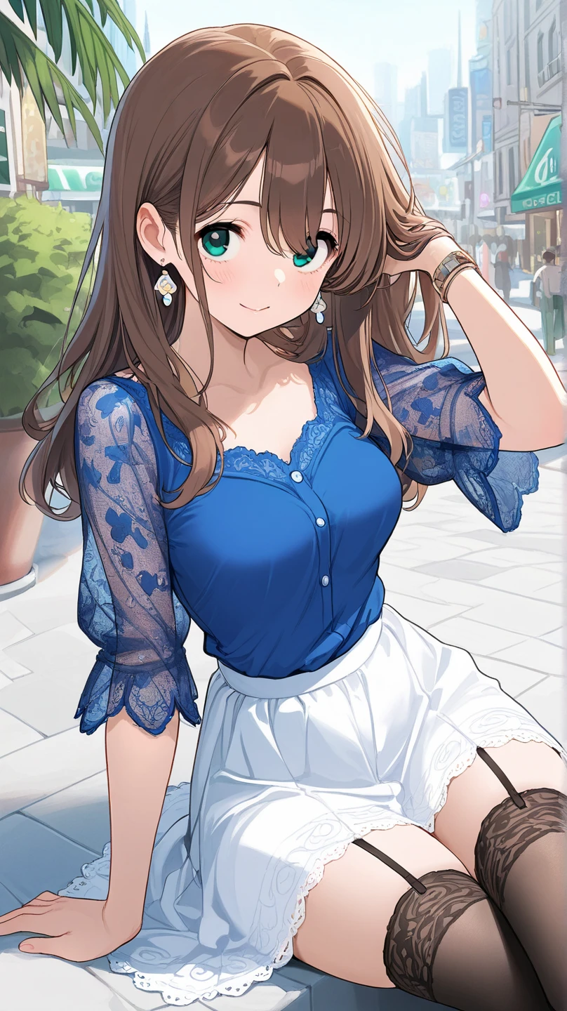 Slender beautiful girl、10th Generation、sleeveless blue blouse、Office、OL、off shoulder、White LINE Design、pants style、red brown heir