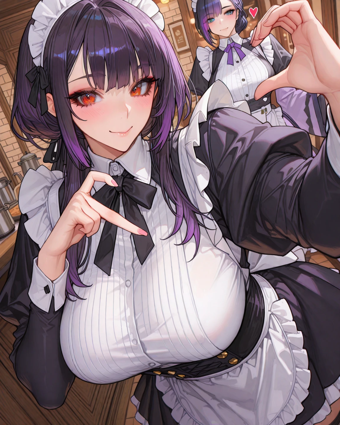 (masterpiece, highest quality, Absurd), One Woman,mature,Mature,Age 25,Black Hair, Straight long hair, Blunt bangs, Big Breasts, Tight waist, Purple eyes, petal, Blue tanned skin, indoor, Gunsmith,Assault rifle,Maid,Black Long Skirt,Maid headdress, Maid apron, Cowboy Shot, blush, A light smile, Tilt your head, bow