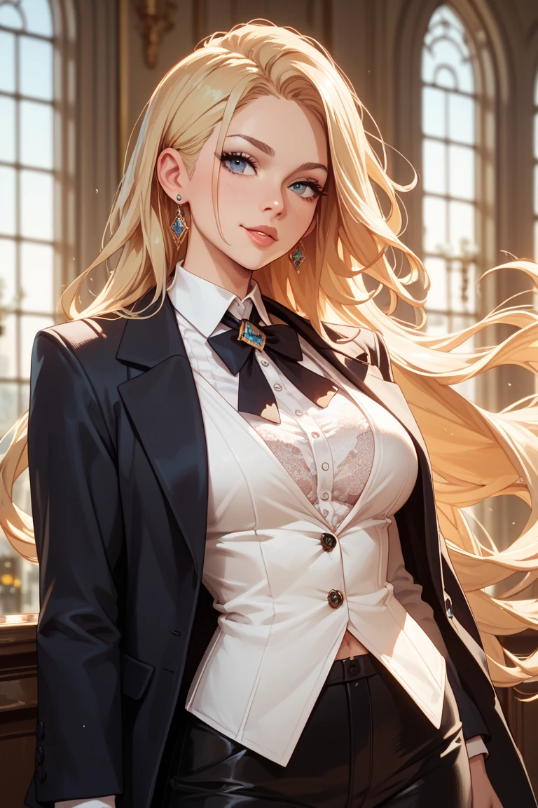 (cowboy shot: 1.5), (white background, simple background: 1.5), (masterpiece:1.5), (big breasts: 1.5), (1 girl: 1.5), young woman, (Beautiful Girl:1.5), (extremely detailed and delicate anime face and eyes:1.5), whole body, (natural light, HDR, extremely details CG:1.3), (dynamic posture: 1.3), {correct body anatomy}, (wide hips: 1.3), (perfect hands: 1.5), single focus, toned body, Beautiful Lips, thick lips, {surreal}, {correct posture}, {minutes details}, {detailed body}, {detailed clothing}, (Bright Eyes: 1.3), (cleavage: 1.3), {accessories}, {sexy}, (Short blazer: 1.5), long sleeves jacket, (open jacket: 1.5), (puffed sleeves: 1.3), one-piece dress, (wide sleeves: 1.3), (school dress: 1.5), (dress with frills: 1.5), (skirt with lots of frills: 1.5), (white lace-trimmed legwear: 1.5), white thighhighs, garter belt, (Hakama bow: 1.3), (black high heels: 1.3), jewelry, (neck ribbon: 1.5), (bowtie: 1.3), hairband, (tiara: 1.2), earrings, (light smile: 1.3), (extra long hair: 1.5), (two-tone hair: 1.5), (pale blonde hair with lilac streaks: 1.5), (permed hair: 1.5), (long wavy hair: 1.3), very thick hair, (open forehead: 1.5), glowing hair, (bright light gray eyes: 1.3),