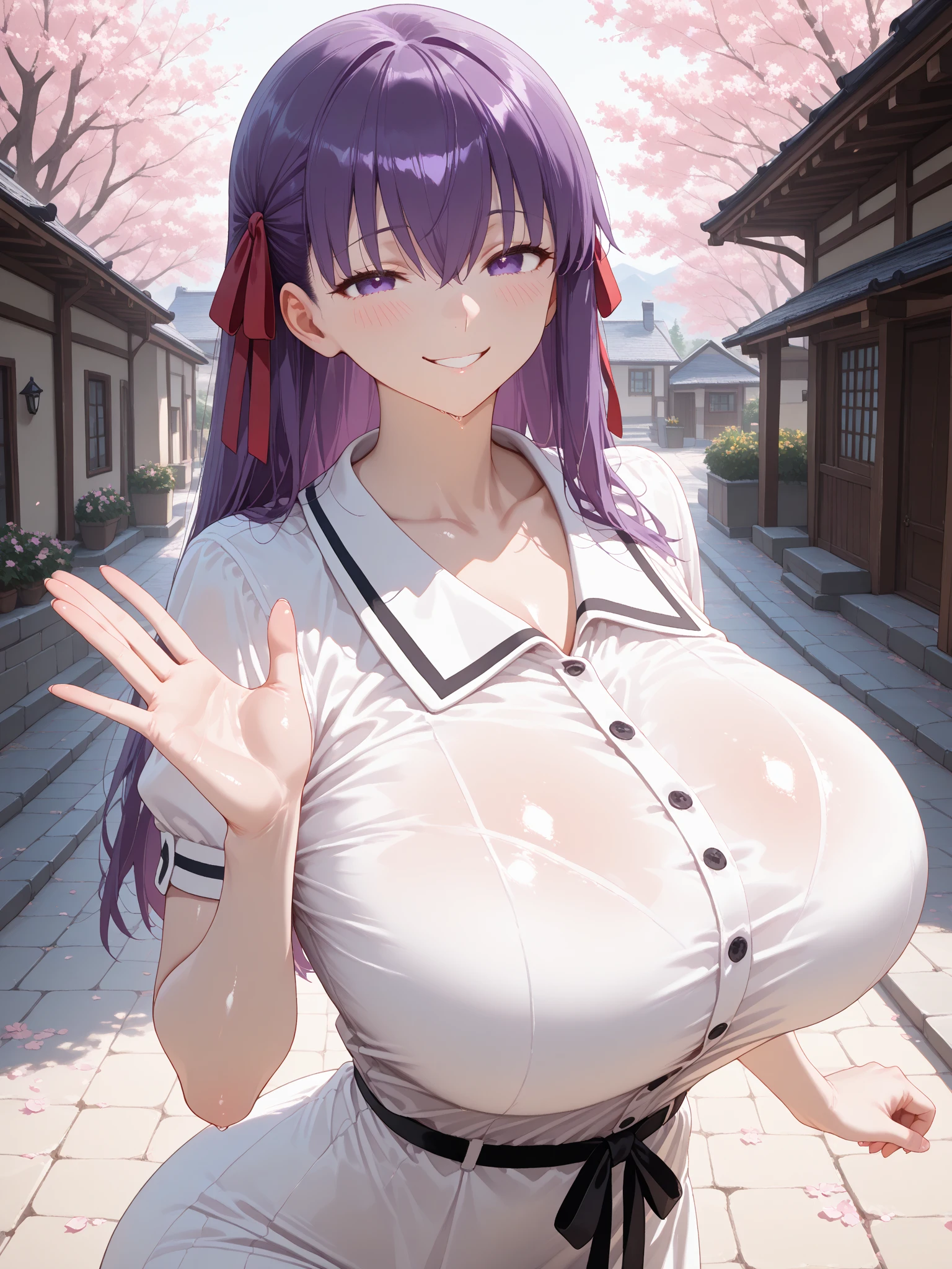 masterpiece, best quality, ultra detailed, detailed eyes, sparkling eyes, nsfw, ((large breasts)), rainning, wet white clothes,see-through clothes, Transparent clothes, upper body, Heart Shaped Breast Patch, JK,1girl, bow, bowtie, hair bun, long hair, looking at viewer, smile, cafe, standing
