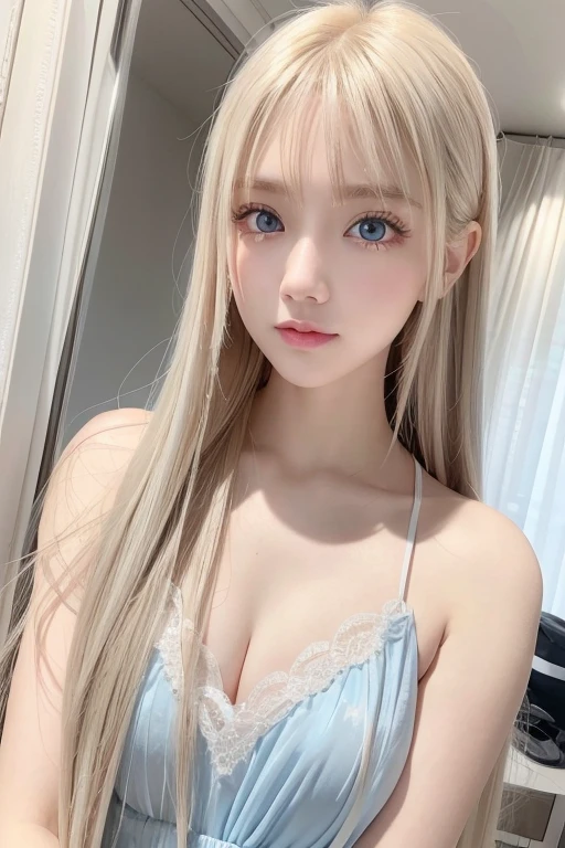 Cinema Lighting, Very beautiful、Realistic professional photo of a young skinny white girl, ((12 years old)), have a beautiful girlish face, Work as a maid, Lace on the front、She is wearing an elaborate off-the-shoulder short pink dress., (Long blonde wavy hair:1.5), A slim and feminine body, Appetizing figure, Narrow waist, barefoot, Velvety Skin, Shyly and anxiously, In a romantic bedroom, Sit on the edge of the bed,