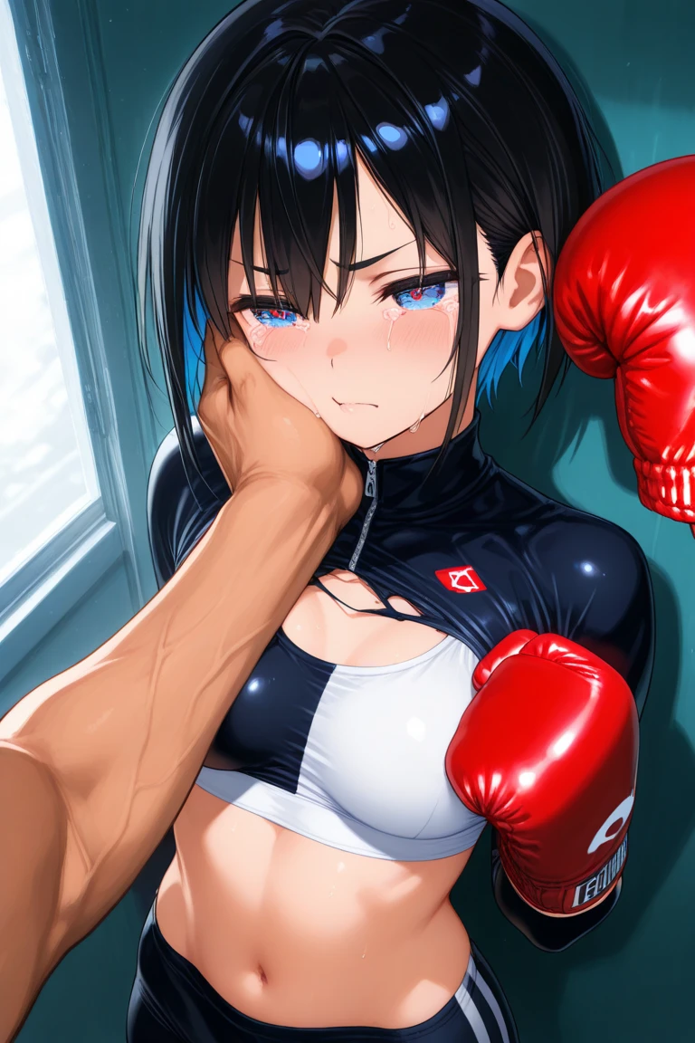 two females. a bloody japanese girl fighter and a lady fighter is fighting in the octagon ring. the lady. the lady is punching the girl's face so hard in a series . the girl has no energy. the girl is crying and screaming. the girl has short-cut black hair, shortness of breath, drool from her mouth, closed eye, exhaustion, and sweat soaked. open finger grobe. Muscularity. Six pack abs. Erect nipples.