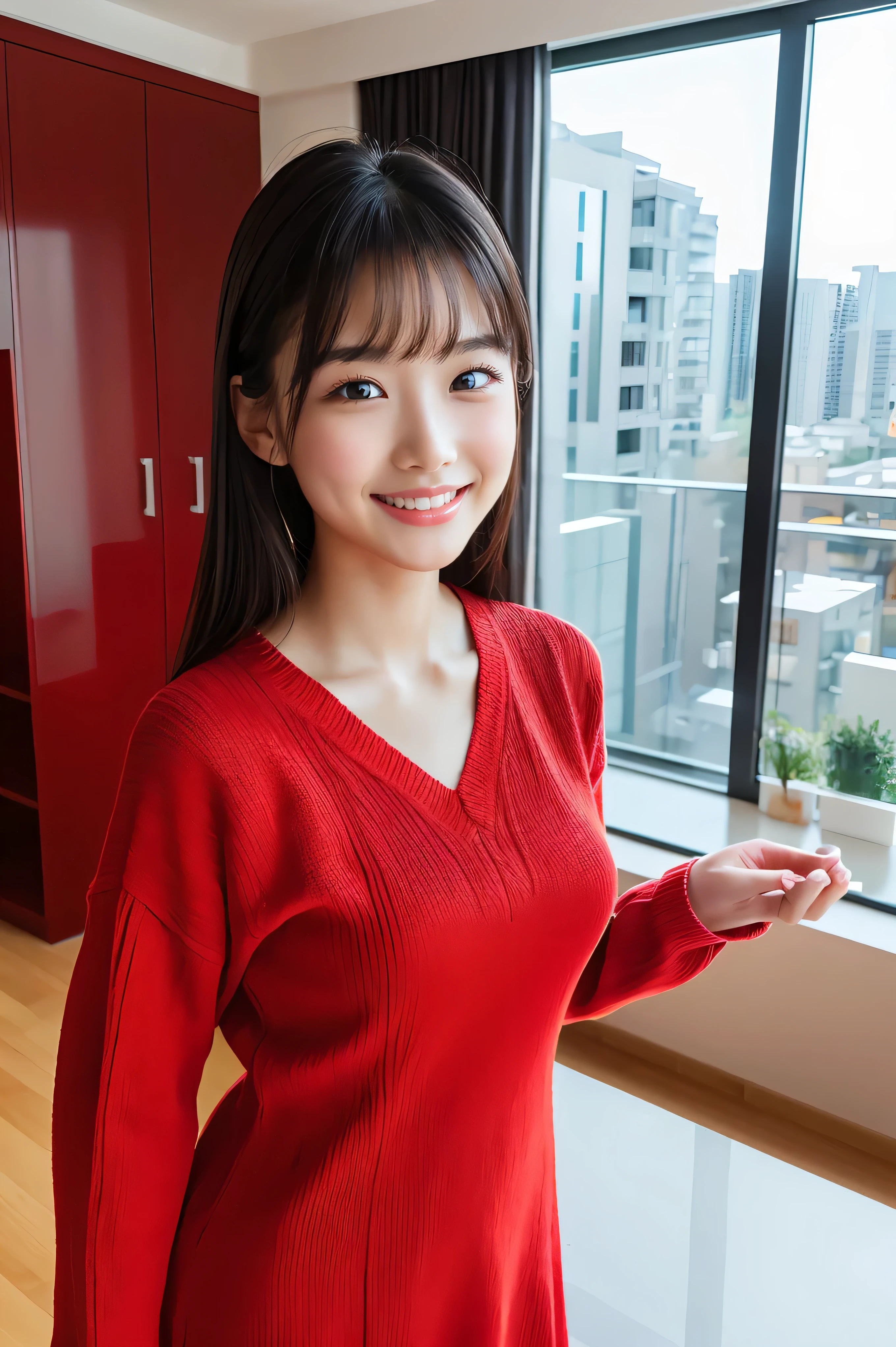 (Photoreal: 1.4), (Smooth lighting: 1.05), (Image enhancement: 1.4), ( Top quality real skins: 1.4), 20-year-old, 1 girl, asian, medium breasts, tights, long loose sweater, red clothes living room scene, sitting down, small smile