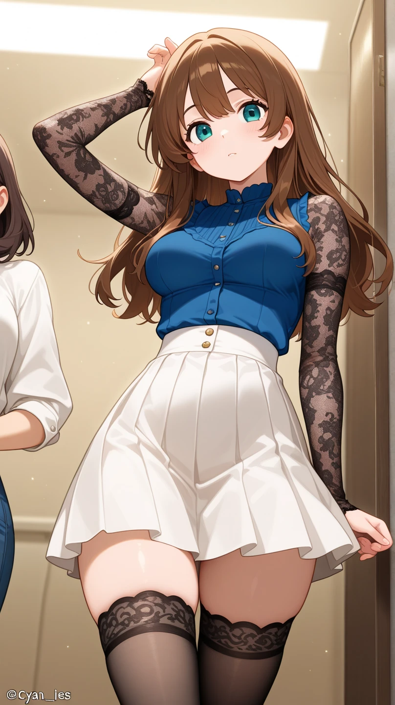 (highest quality,High resolution,Perfect Pixel,8K), (1 girl:1.2), Beautiful woman,((Wavy mid-length hair, bangs, Brown Hair)), ((Brown eyes, Beautiful eyelashes, Realistic eyes)), ((Detailed face, blush:1.2)), ((Smooth texture:0.75, Realistic texture:0.65, Realistic:1.1, Anime CG Style)), Medium chest, Perfect body, (Earrings,necklace,Sleeveless turtleneck sweater,mini skirt, ((skirt lift)), A shy smile)), ((You can see her lace panties:1.1), (multiple views,two views,(from below and from front),)