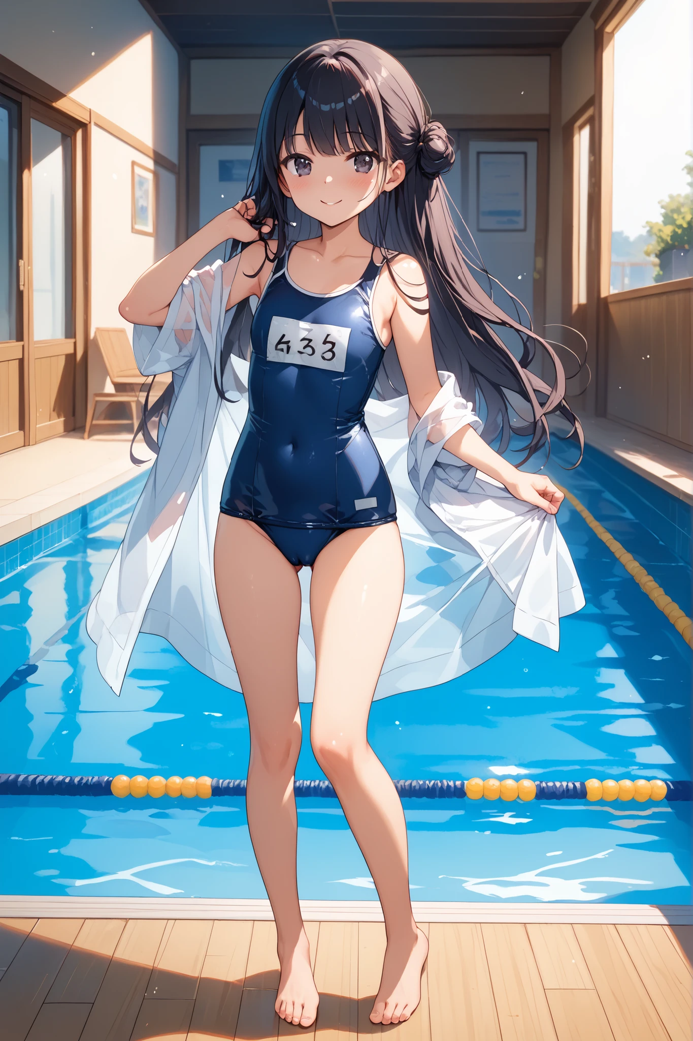(masterpiece、Highest quality、Very detailed))、One girl、Black Hair、Long Hair、blunt bangs、Grey Eyes、evil smile、((Small breasts))、((Navy blue school swimsuit))、Cowboy Shot、Outdoor、Sit by the pool、Shoot from above