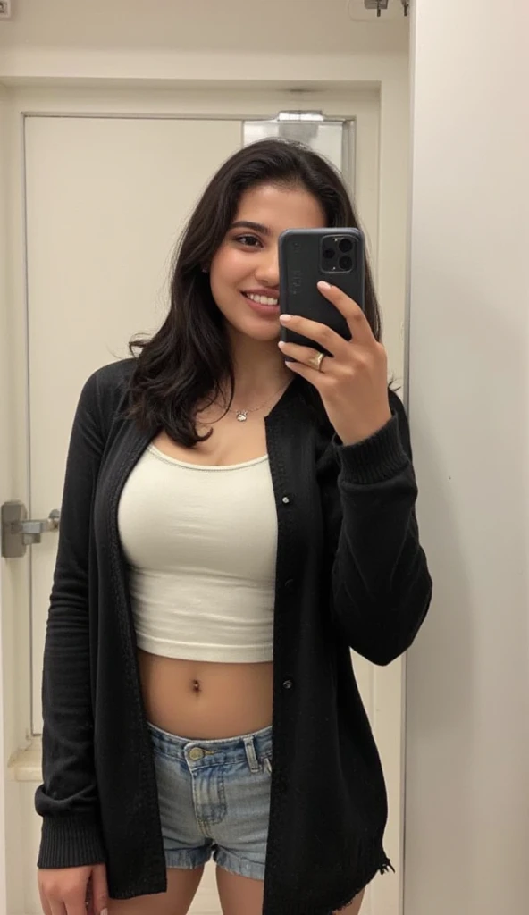1cute confident indian girl taking a selfie in a public bathroom mirror, wearing a white shirt and black tight office skirt, accidentally taking a selfie, selfie of a young woman, wearing office attire, iphone selfie, outfit photo, wearing office shirt, she is holding a smartphone, wearing a sweater, mirror selfie, taking a selfie, very very low quality picture, cell phone photo, ID card neck strap ID card hanging on her neck, height 160 centimetres, petite build, fair skin, average hair length of 60 centimetres, photorealistic, detailed skin texture