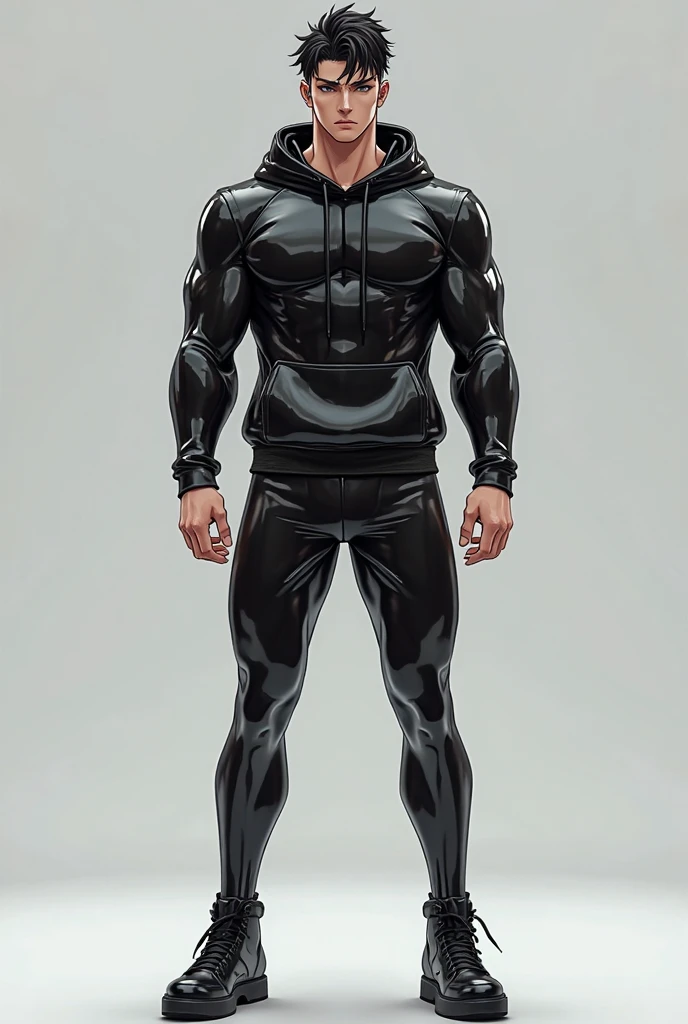 A 20 year old boy, That this one is very handsome and white with red hair. Clean shaven and wearing glasses.
This boy's physical build is that of someone super muscular., She is wearing a super tight black spandex suit that highlights all of her attributes and on her legs she is wearing a pair of extra long white soccer socks that are stretched up to above her knees.