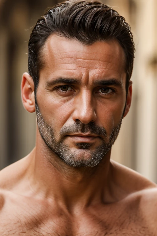 (best quality), 1boy, Male, mature male, 46 years old, miguel o'hara, tanned skin, dark brown hair, short hair, hair slicked back, strands over eye, slightly wavy hair, brown eyes, perfect eyes, muscular, handsome, high cheekbones, strong jawline, masterpiece, anatomically correct, highres