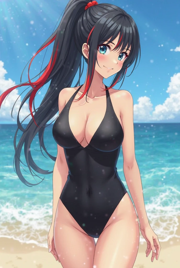 ((best quality)), ((masterpiece)), (detailed), perfect face, cute anime girl, long ponytail black hair, bangs, she is standing by the sea, she smile, her eyes closed, medium breasts size, she is 20 years old, she is wearing a black one piece swimsuit fully cover her breasts, vibrant colors, masterpiece, sharp focus, best quality