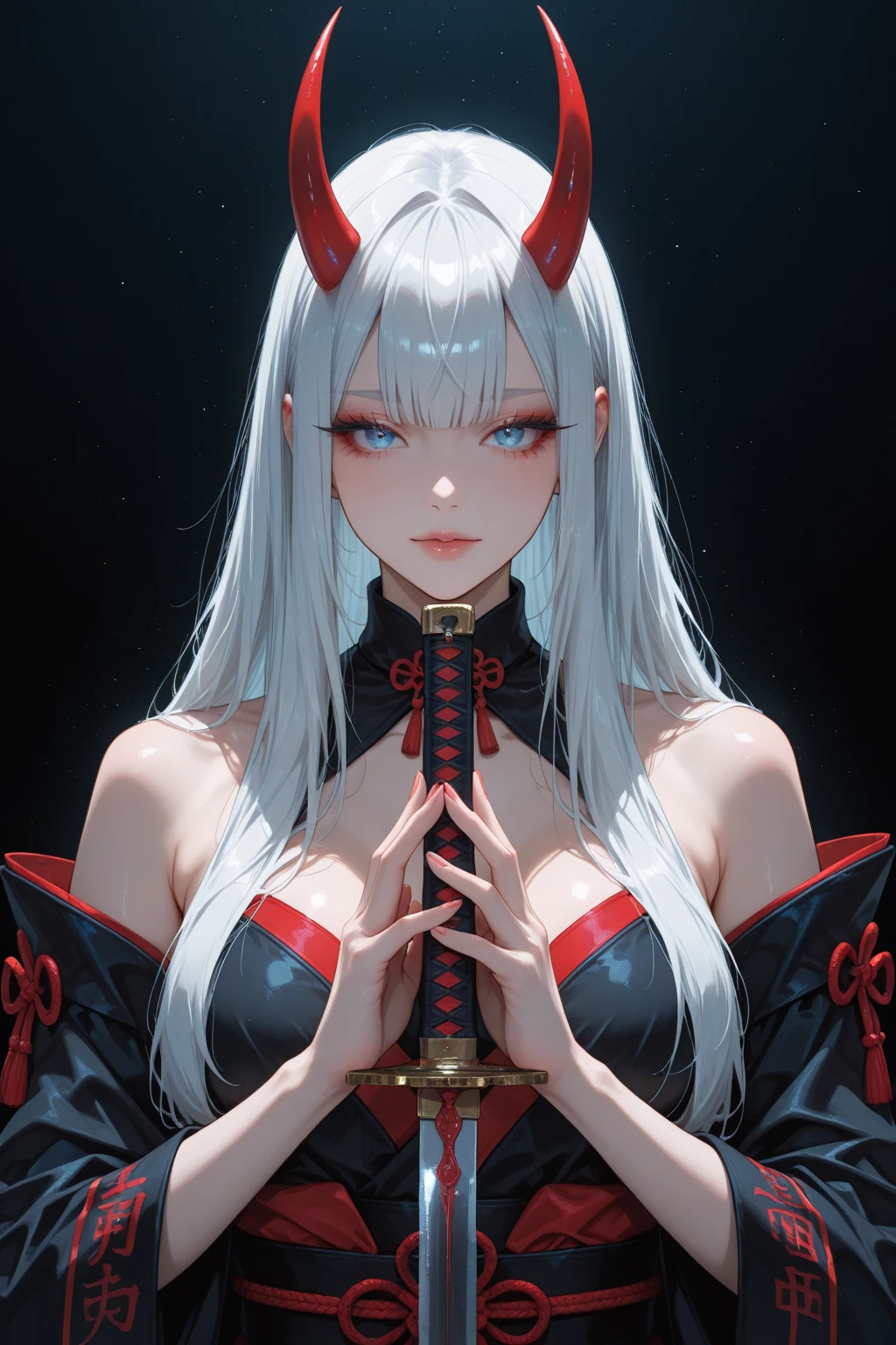 Best quality, 1 vampire girl, (huge breasts:1.1), (pure white skin:1.2), white hair, red eyes, bloody face, smile, (collar:1.1), wearing a suit, full body, simple background, dim light