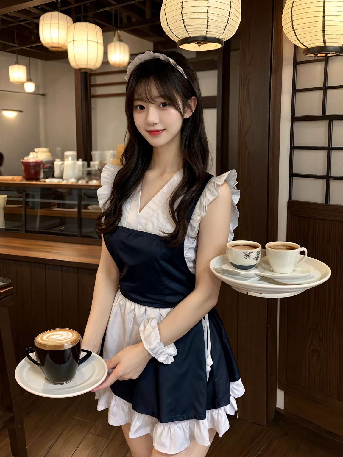 (((best quality))),(((ultra detailed))),(((masterpiece))),illustration,1girl,maid cafe,stunningly beautiful,slim,medium straight bob hair,flat chest,deep captivating eyes,maid costume,see through lace apron,short hemline,bare arms,arms behind back,thighs,slender legs,pantyhose,graceful movements,confident charm,warm genuine smile,France cafe,delicious coffee pastries,warm inviting atmosphere,joyful eyes,Coffee Machine,upper body