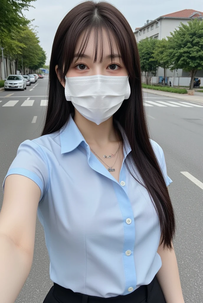top-quality, masutepiece, High Definition, 16k image, Smartphone shooting､Voyeurism､Beautiful junior high school student､wearing oversized shirt:1:1､ (Hidden Face), Straight face､Muchimuchi､thick legs､thick thight､Slender big, Plump arms､(breasts pocket)､(Rocket Tits), Constricted waist, Looking away, Boobs that are about to overflow, Confined space,Schools､ (thick legs)