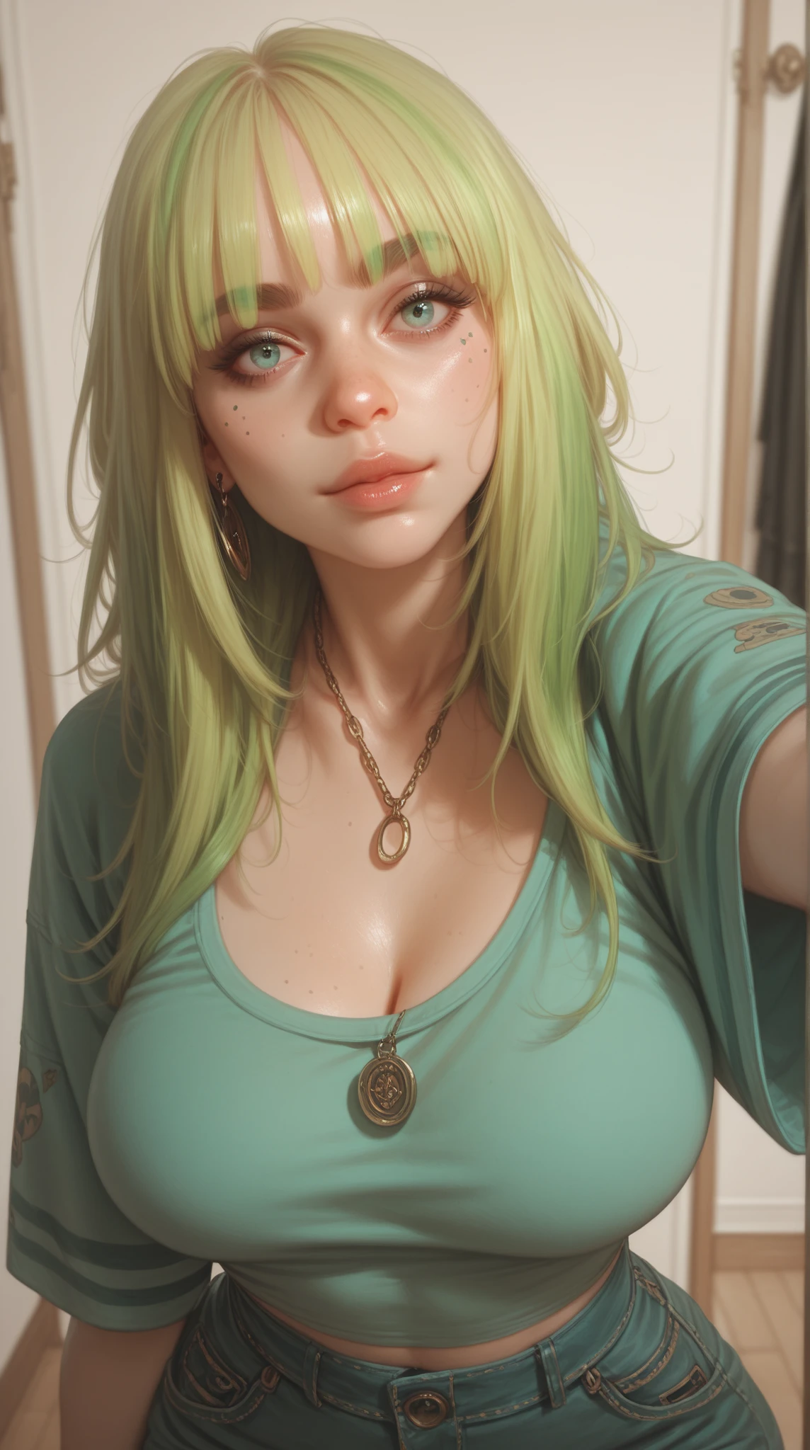 Green eyes. green long hair, beatiful face, cum in mouth, in office. Leakage from the genitals. ,Woman with mouth. BlowjobTopHeadPOVCironic Pose.