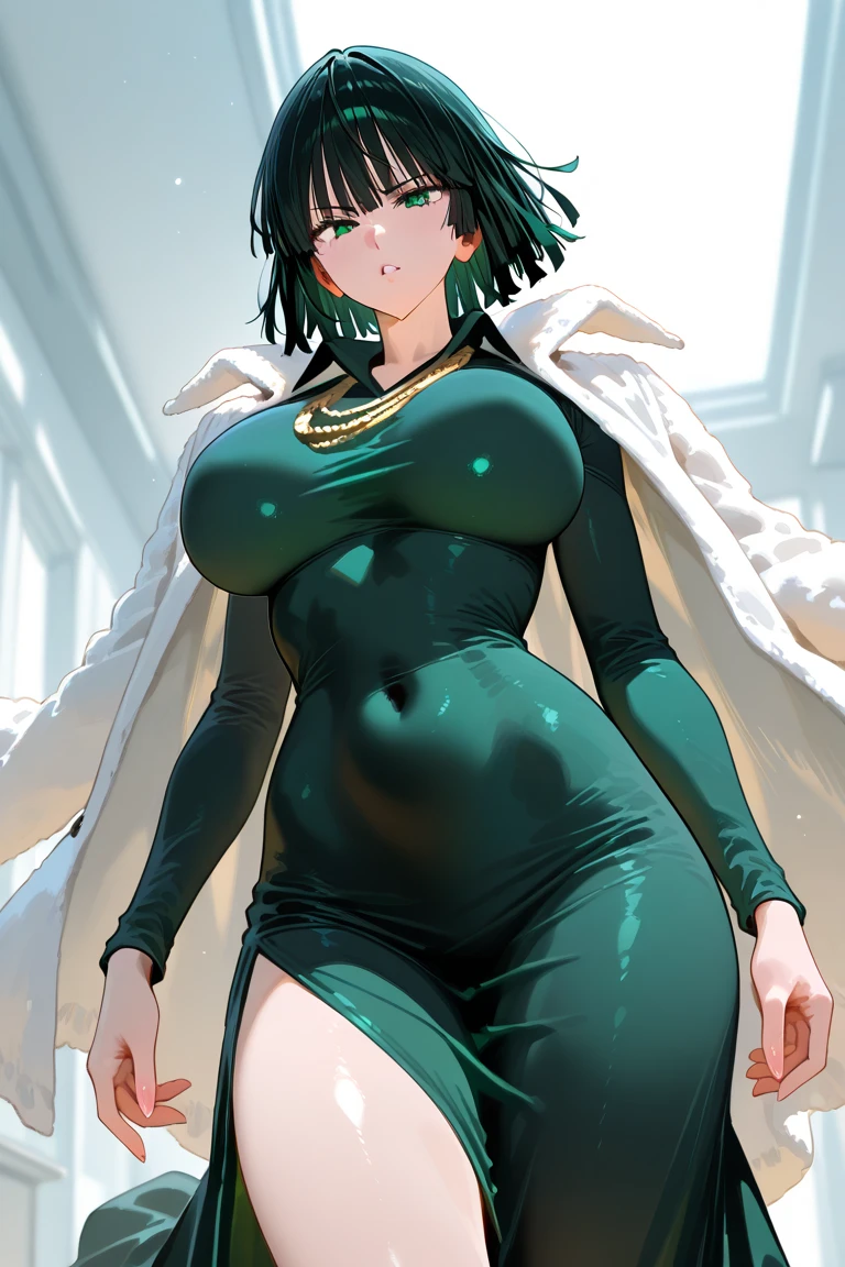 1girl, alone, (Fubuki\(One Punch Man)\), ass, from behind, (from below: 1.3), dominatrix, greenish-black tight clothing, dressed in v-neck, short hair, greenish-black hair, green eyes, green leather, sitting on a destroyed rock, seductive, smiling, mouth closed, makeup, light pink lipstick, anime, individual focus, on her back, showing butt, (point of view), detailed face, complex skin, nightgown, side head view, arrogant, disgust, warm light, large breasts, wide waist, wide hips, wide thighs, round butt