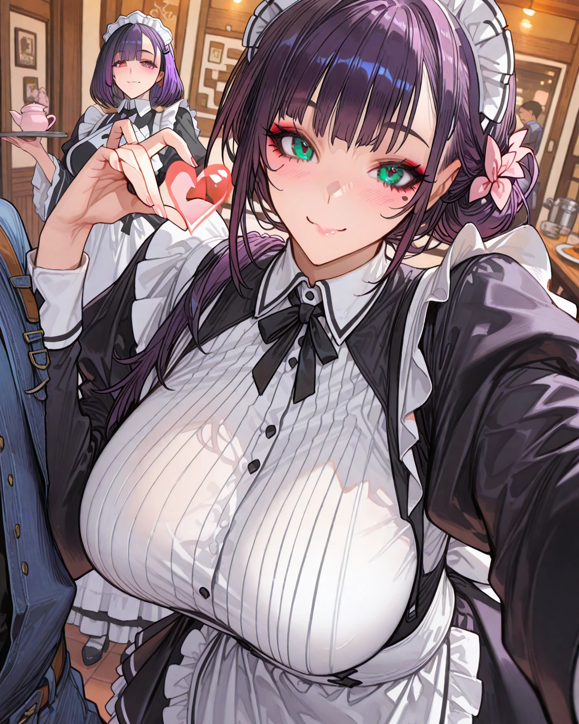 high quality, masterpiece, super detailed, 1 girl, extremely detailed faces,long black hair，Damaged White Bikini，Damaged maid outfit，Maid tiara，handcuffs，collar，charming pink eyes, fox ears, Ridiculously big, shiny skin,Dining room