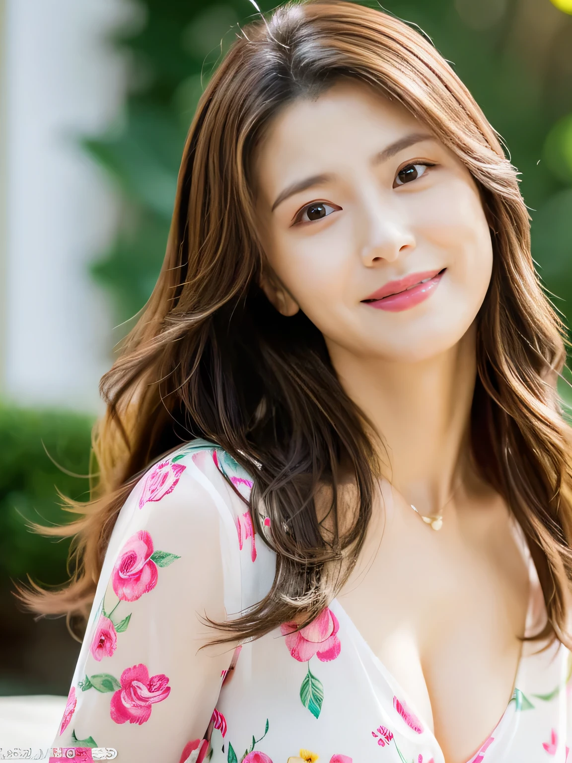 (Raw Photo), (Photorealsitic), (Masterpiece), (Best Quality), High Resolution, 8K, (Intricate Details), (Voluminous Light), Portrait, Female, (50 Years Old), Medium Hair, Layered hair, brown hair, very fine eyes, source order, very fine eyebrows, very fine skin, very fine mouth, very fine nose, like an idol, happy smile, (thick lips), (looking at the viewer), (elegant vivid colorful Translucent shot dress), waist shot, (Random body orientation),