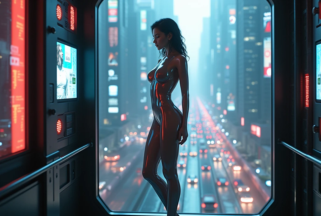 ((high resolution)), athletic, defined muscles, ((pale skin)), freckled, Millie Bobby Brown, ((large breasts)), naked, sexy armor, cyberpunk, neon cityscape