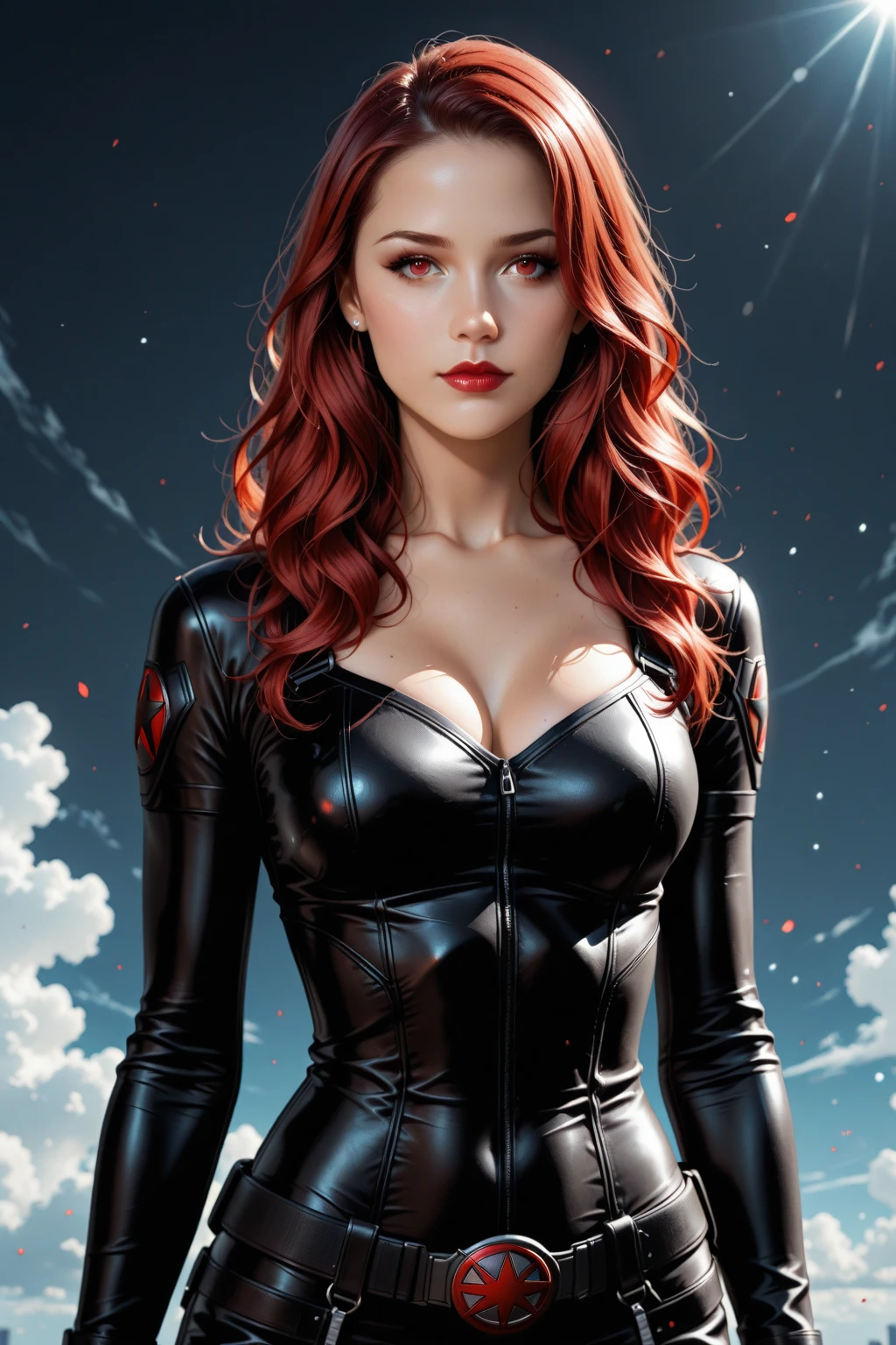 masterpiece,very sharp image,(((The Perfect One Woman))),(((one person))),retro space futurism, beautiful detailed face,blackwidow, marvel comics, hi-tech armor over black latex catsuit, mid shot destance, long red curly hair,in deep space, with several planets and suns in the background, Excellent sense,medium breasts,cleavage,American Comics,colorful,highly detailed body,