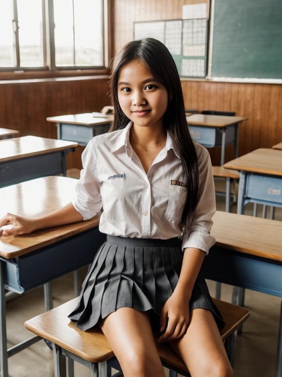 At bright day at indonesian high school, hyper ultra realistic photography, dramatic light, natural full body of beautiful Indonesian Javanese girl, 16 years old, moist shiny full sweat skin, long black hair braid hairstyle, raise her hands, wearing indonesian high school tight & wet high uniform, all button are opened, showing cleavage of her big breast & teaseing her red lace brassire, wear blue grey skirt, environtment on dramatic light tungsten, ultra realistic photo, HDR10 8K top angle camera, good anatomy, good proportion of body hand & fingers --style raw --v 6.0