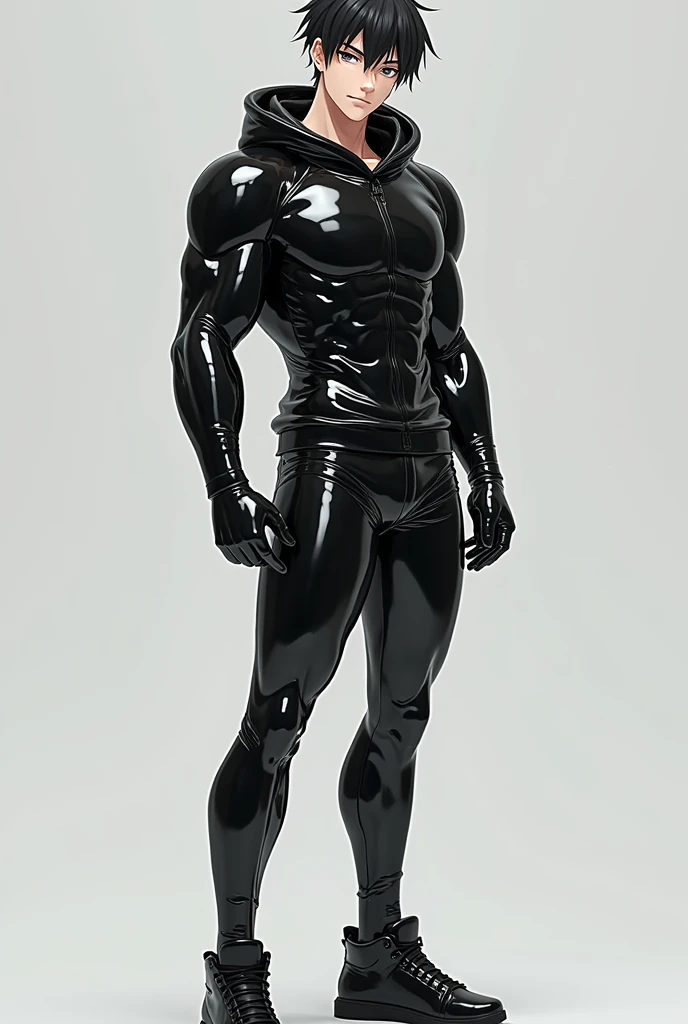 young cool boy with styled hair wearing a skin tight latex suit and jordan 1 sneakers