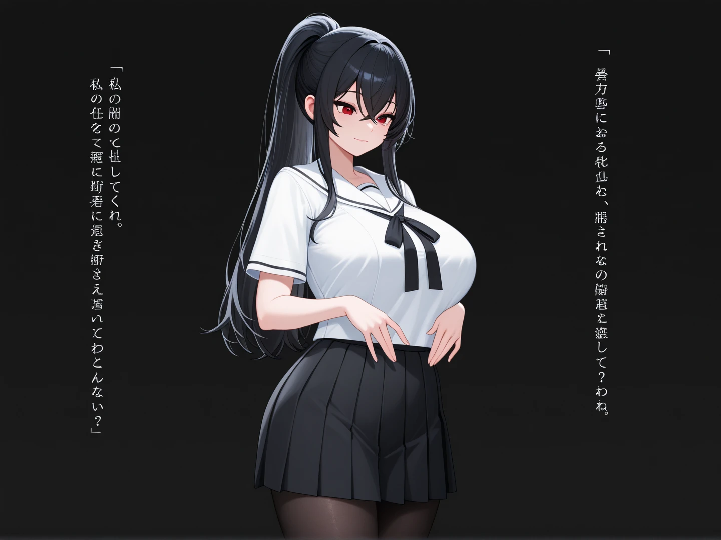 (masterpiece, best quality:1.2), cowboy shot, solo, 1girl, akame \(akame ga kill!\), expressionless, closed mouth, look at the viewer, black collared shirt, red tie, sleeveless, leggings, ass, wide hips, (obesity:1.4), ((fat folds)), ((chubby, fat arms)), (fat rolls, wide belly:1.2),